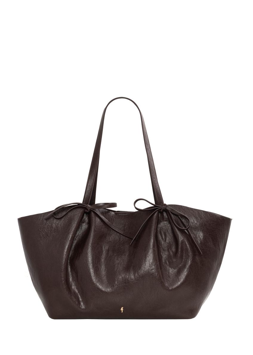 Brown shopper bag with bows TOREC-1378-1H(Z26), front product view on white background.