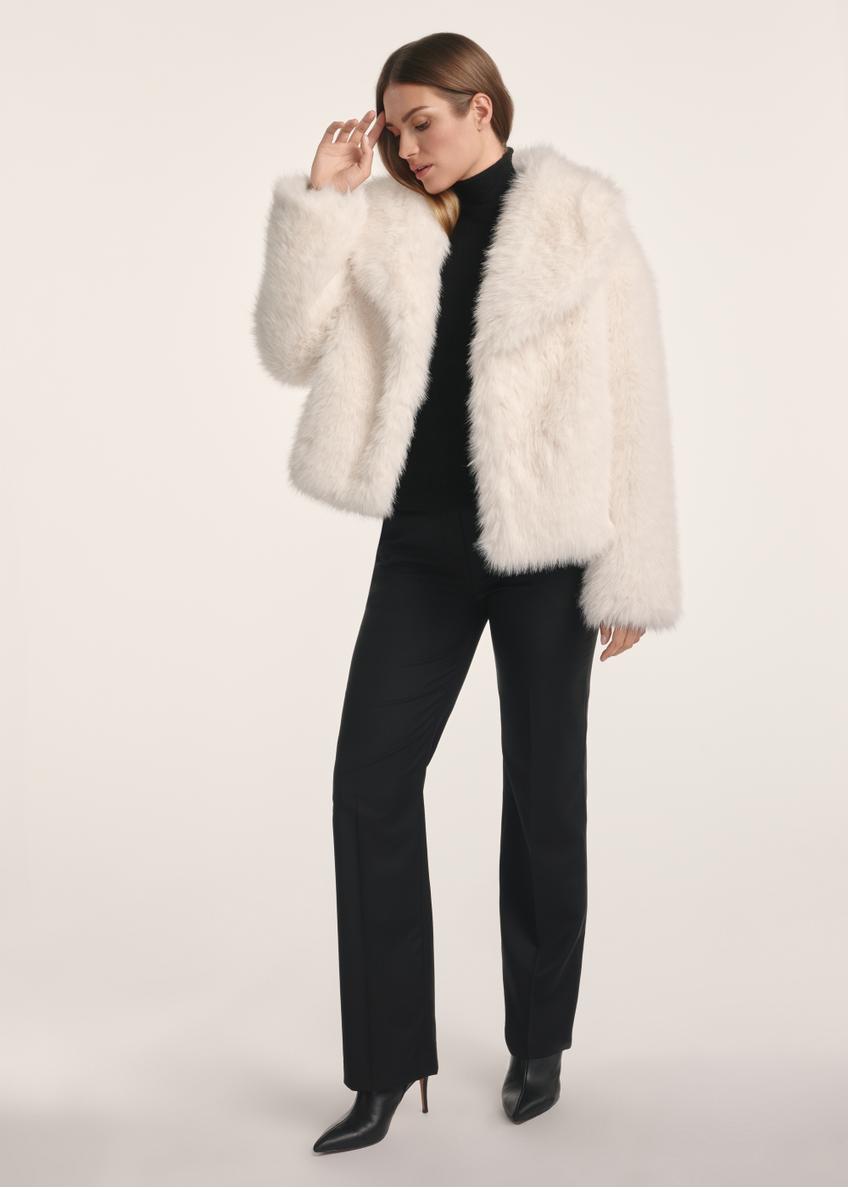 Cream short women's fur coat FUTDP-0077-12(Z25), front view of the product on the model. Full body visible.