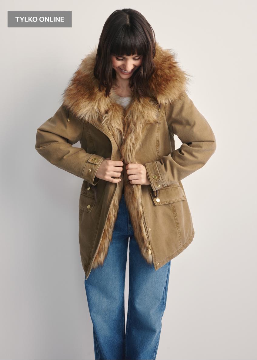 Beige women's jacket with fur KURDT-0612-81(Z25)