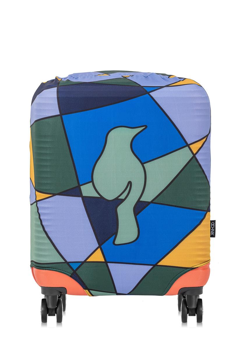 Colorful cover for small suitcase AW-013-0003-15-S(W25), view of the product on the suitcase on a white background.