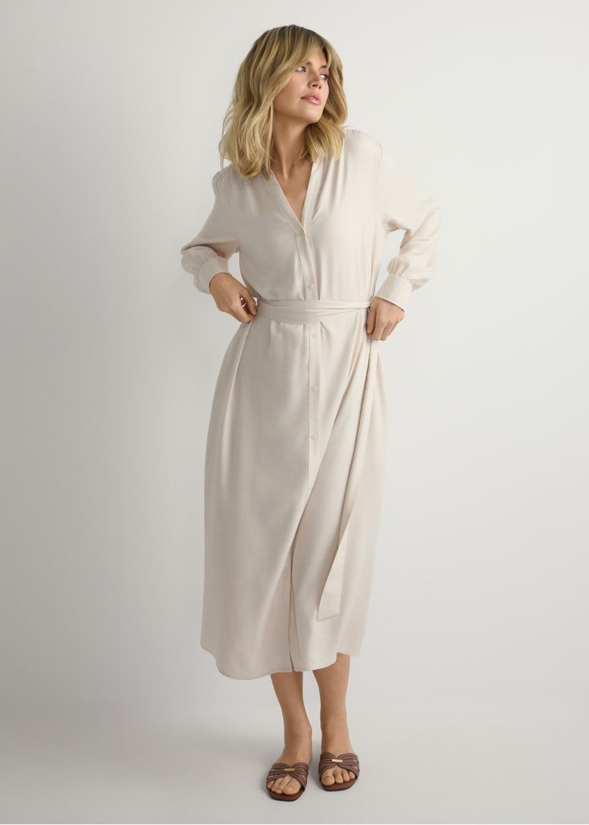 Light beige women's midi dress SUKDT-0269-1A(W26), front view of the product on the model. Half of the silhouette visible.