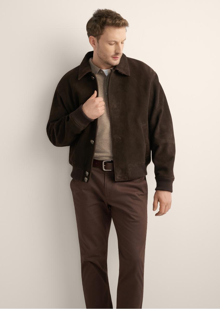 Brown men's suede jacket KURMS-0413-1I(Z26), front product view on model. Half silhouette visible.