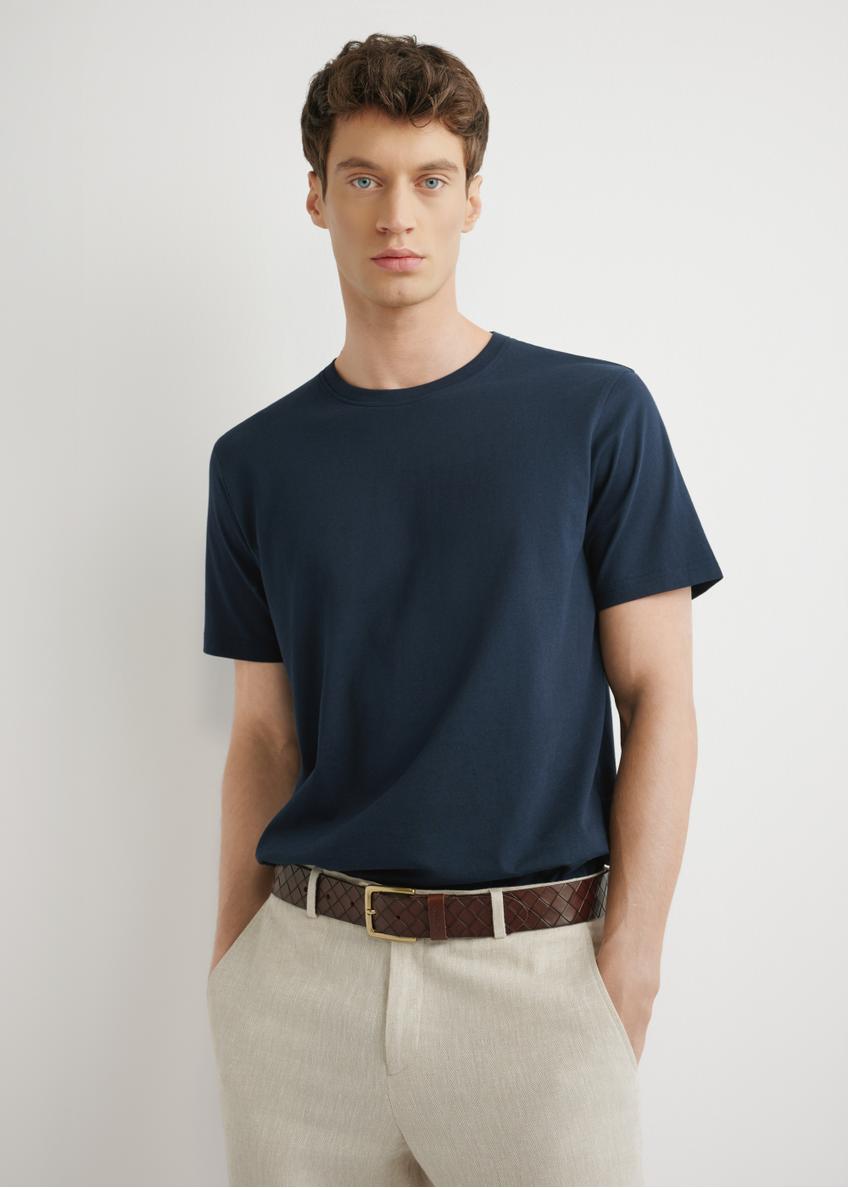 Men's navy cotton t-shirt TSHMT-0144-7E(W26), front view of the product on the model. Half of the silhouette visible.