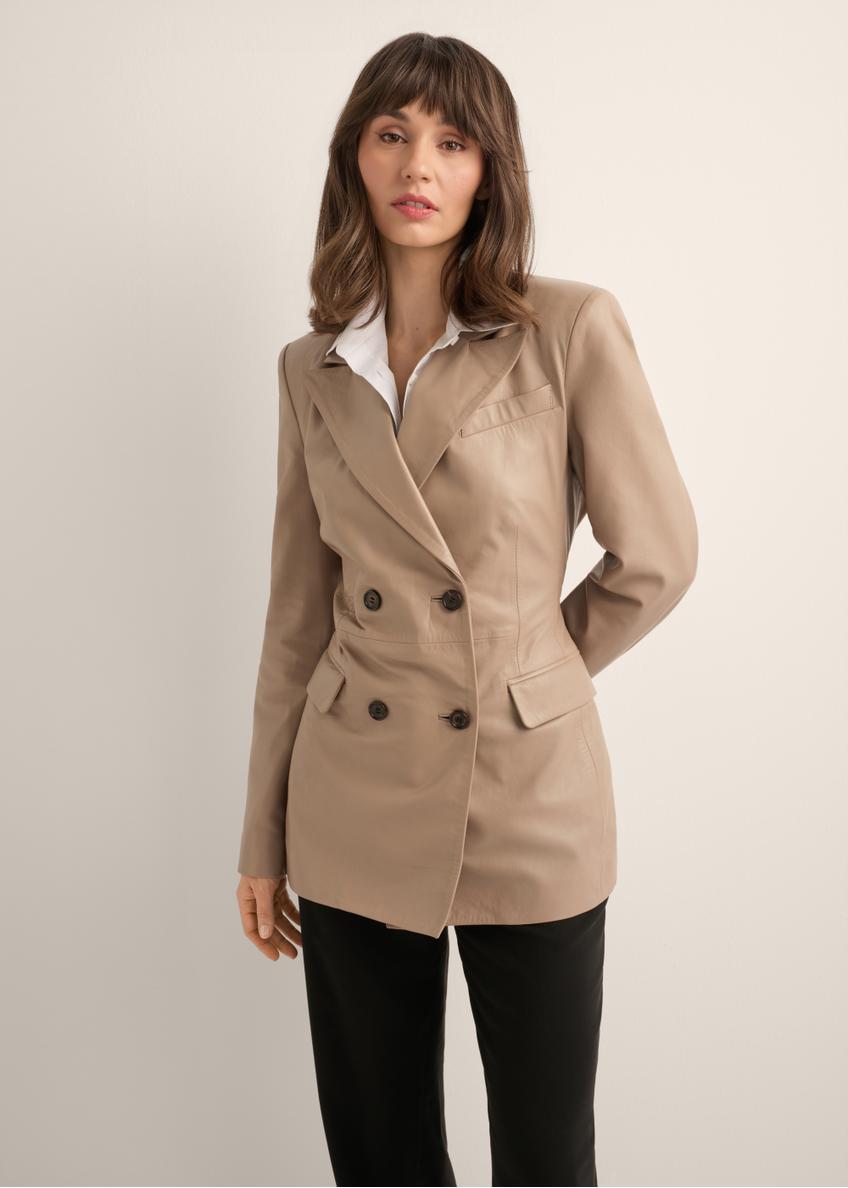 Beige women's leather jacket KURDS-0647-1K(Z26), front view of the product on the model. Half of the silhouette visible.