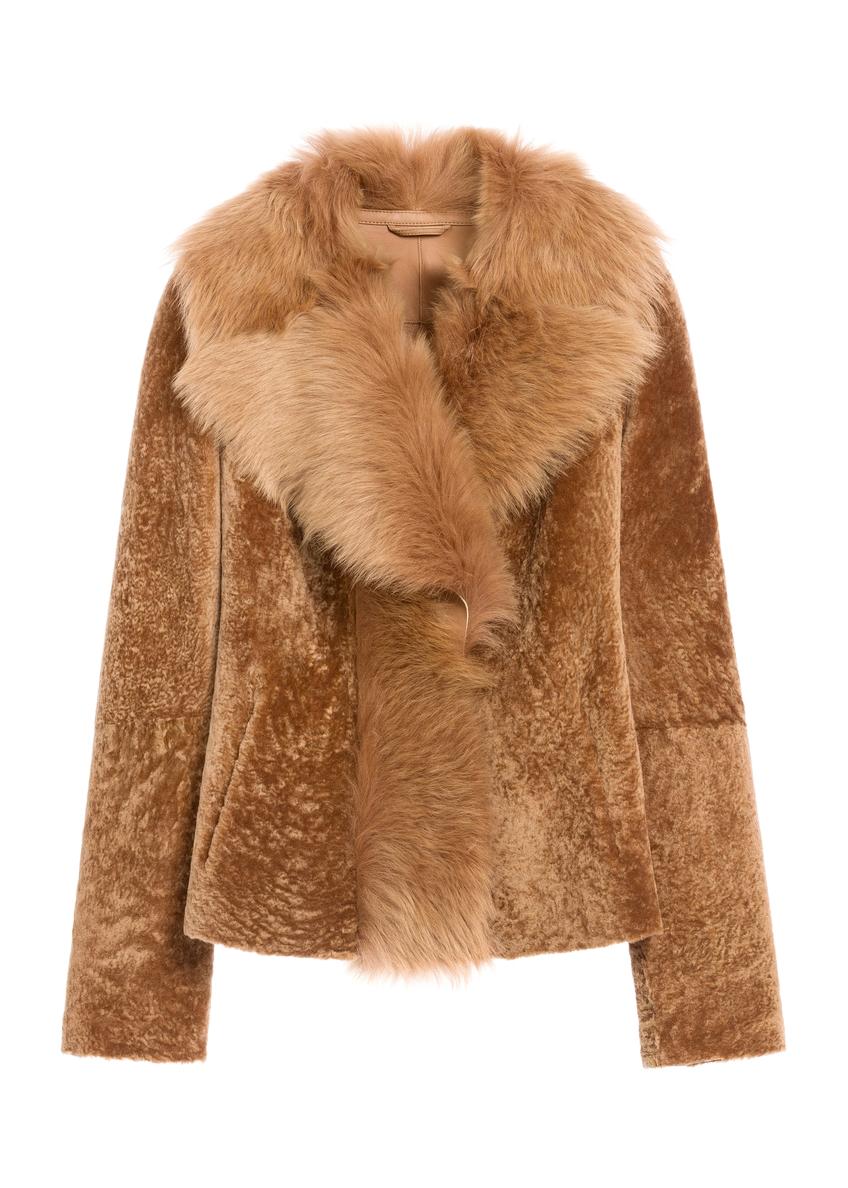 Women's leather sheepskin coat in camel color KOZDS-0095-3099(Z25), product view from the front on a white background.