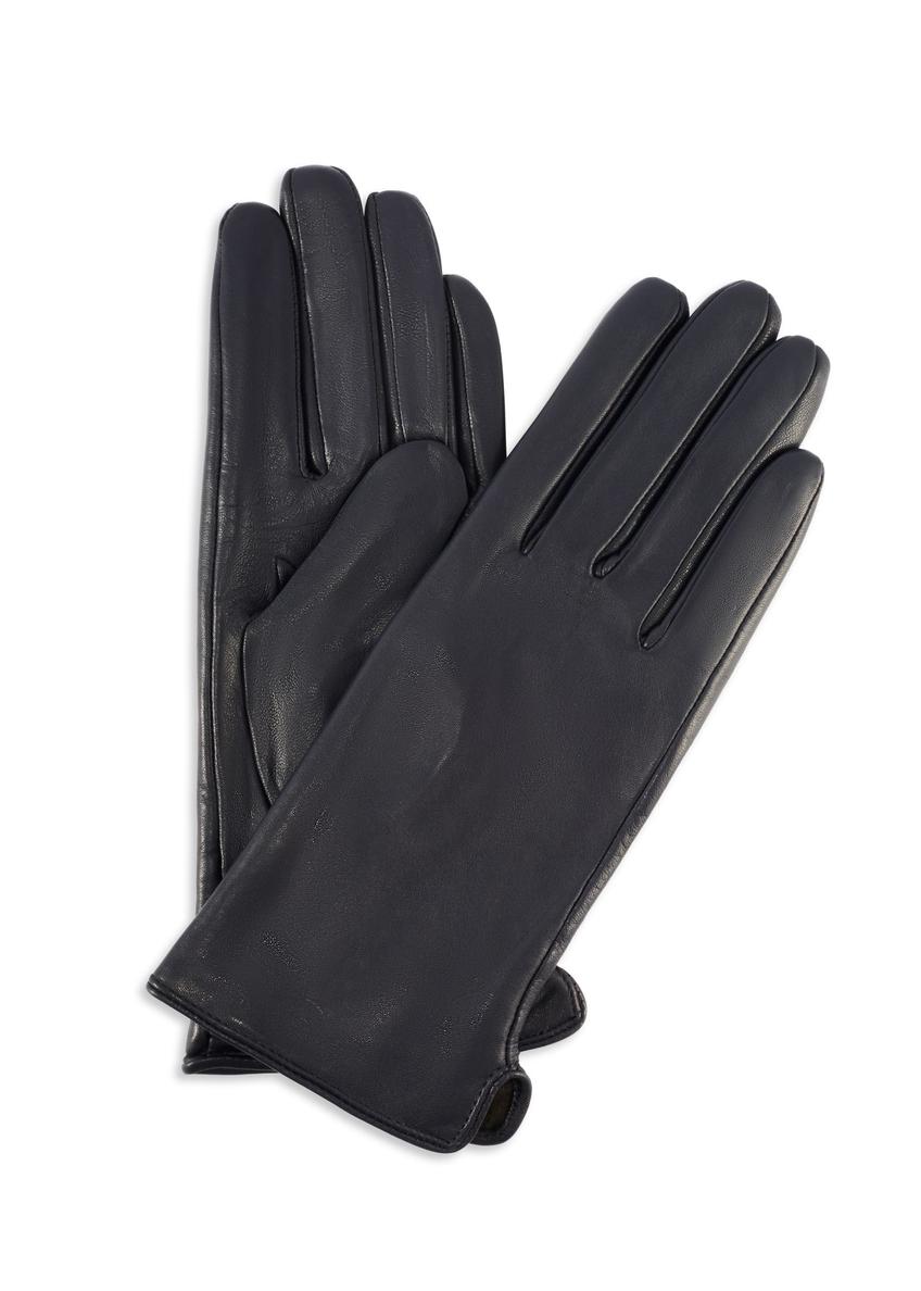 Women's navy blue leather gloves REKDS-0001A-7D(Z26), product view from the front and back on a white background.