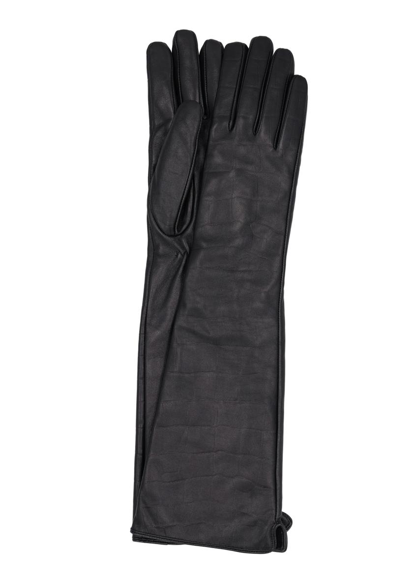 Long leather black women's croco gloves REKDS-0088-9G(Z26), front product view on white background.