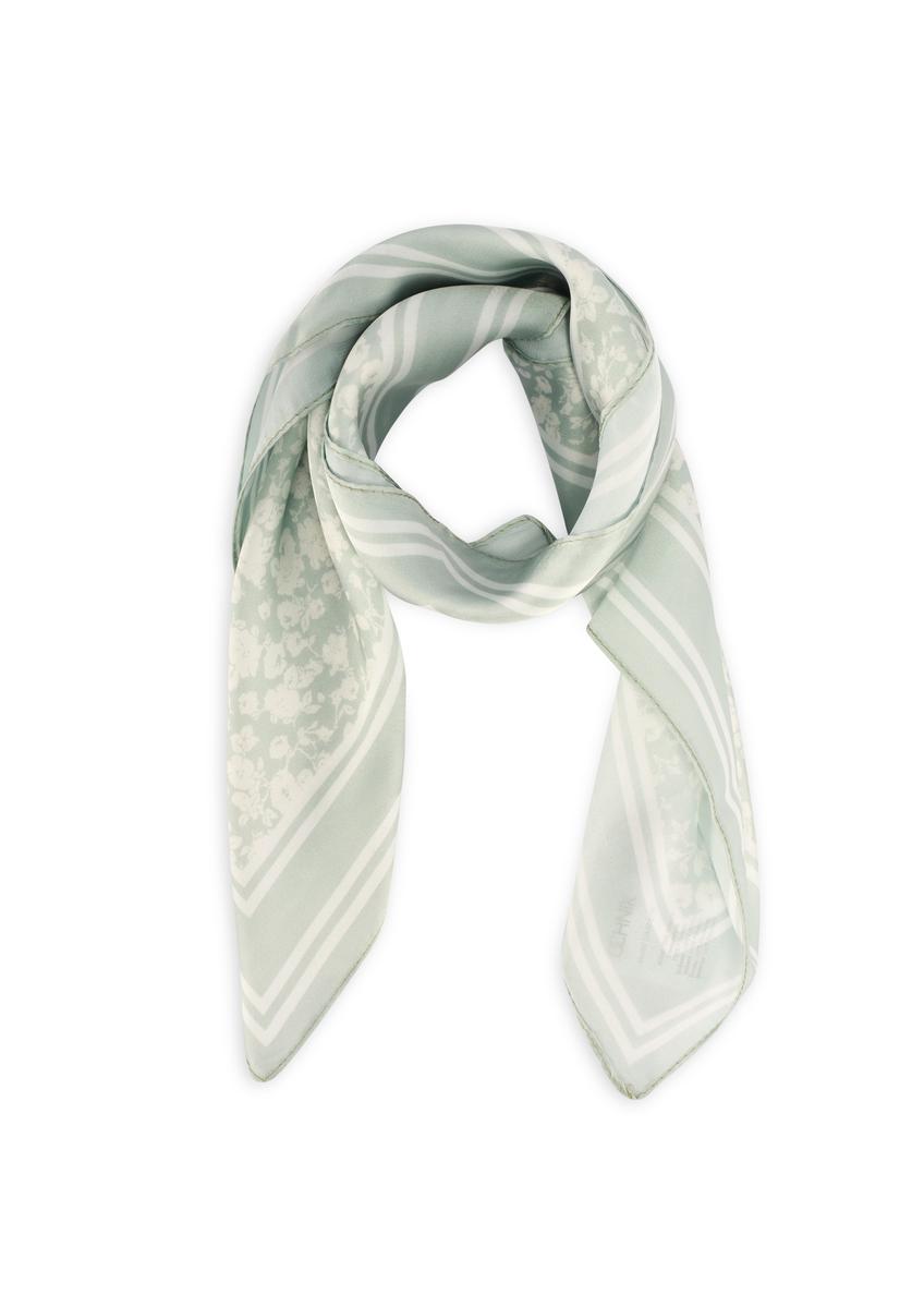 Green women's floral scarf SZADT-0190-8P(W26), view of the folded product on a white background.