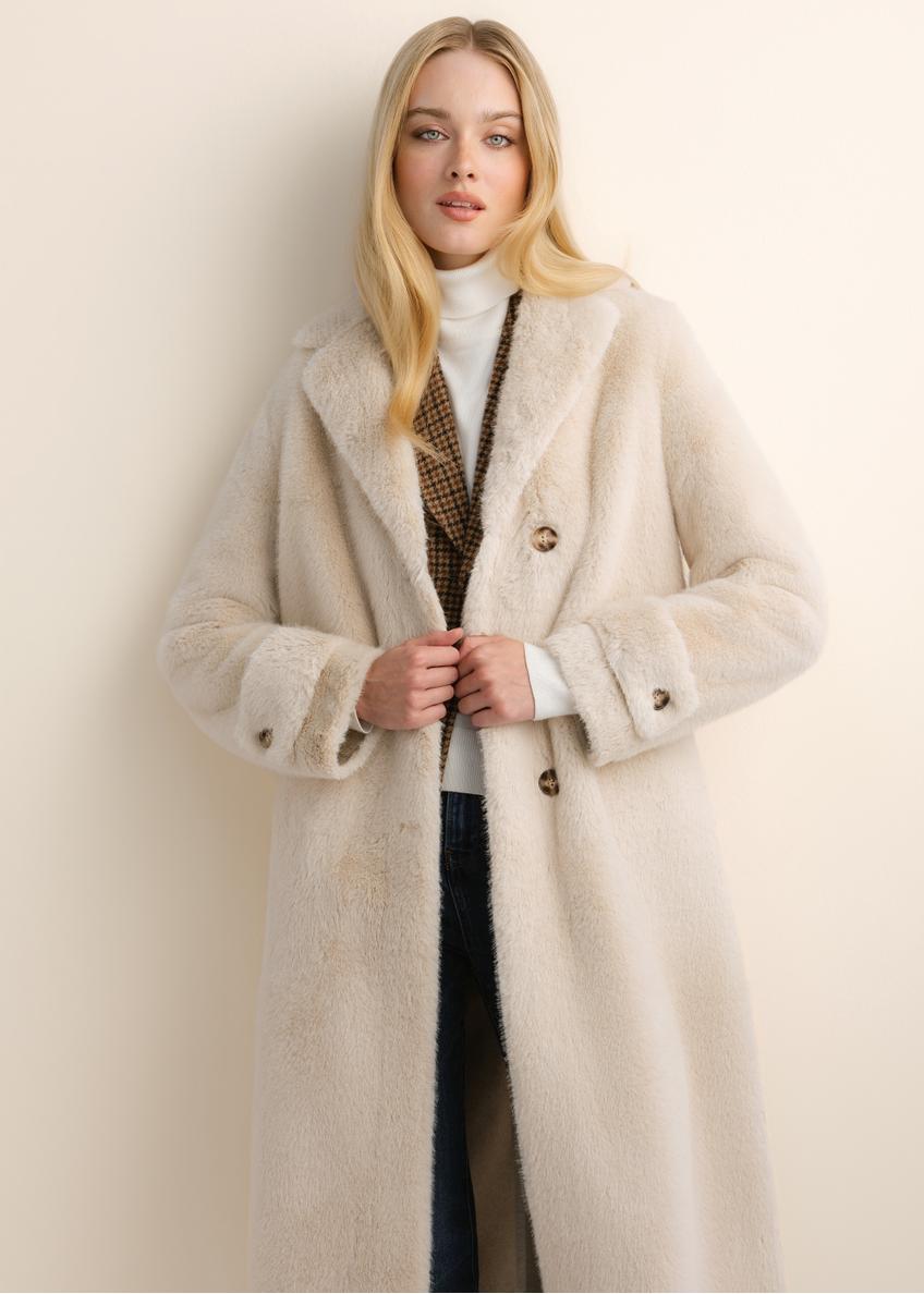 Beige long women's fur coat FUTDP-0080-1B(Z26)