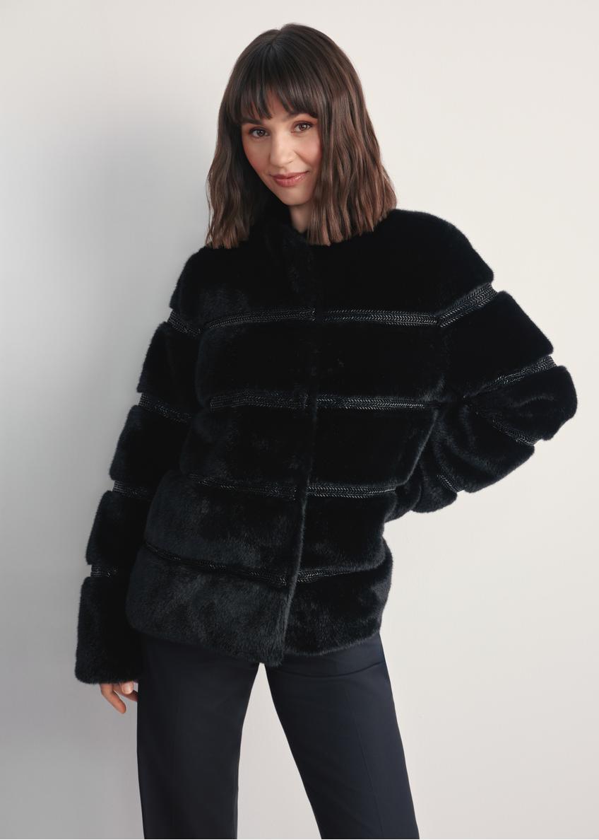 Women's black fur coat with appliqués FUTDP-0067-99(Z25) - front view of the product on a model against a white background. Knee-length silhouette visible.