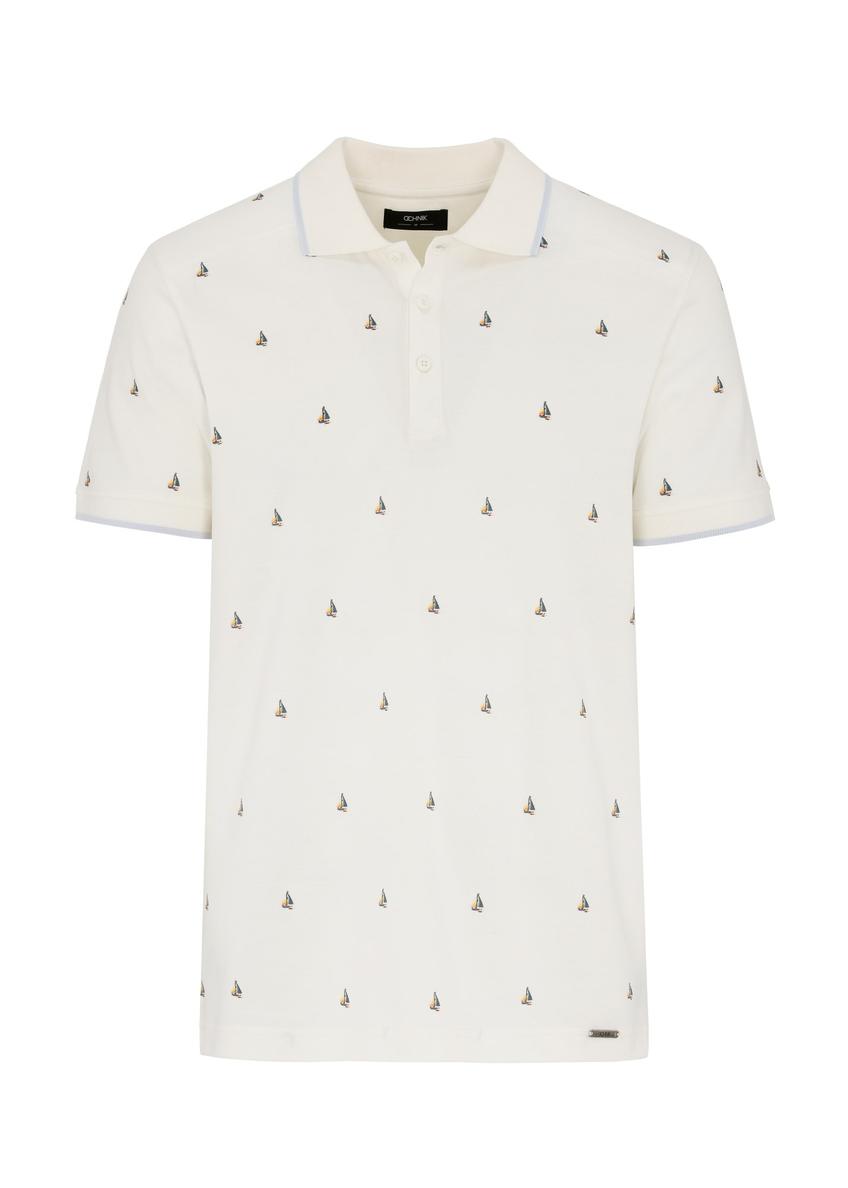 White polo with sailboat pattern men's POLMT-0071-11(W24)-04
