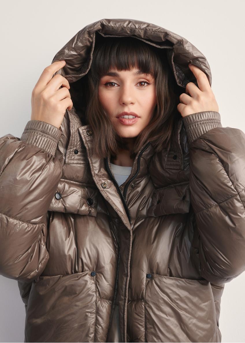 Women's short brown jacket KURDT-0608-82(Z25), product view with hood on a model against a light background.