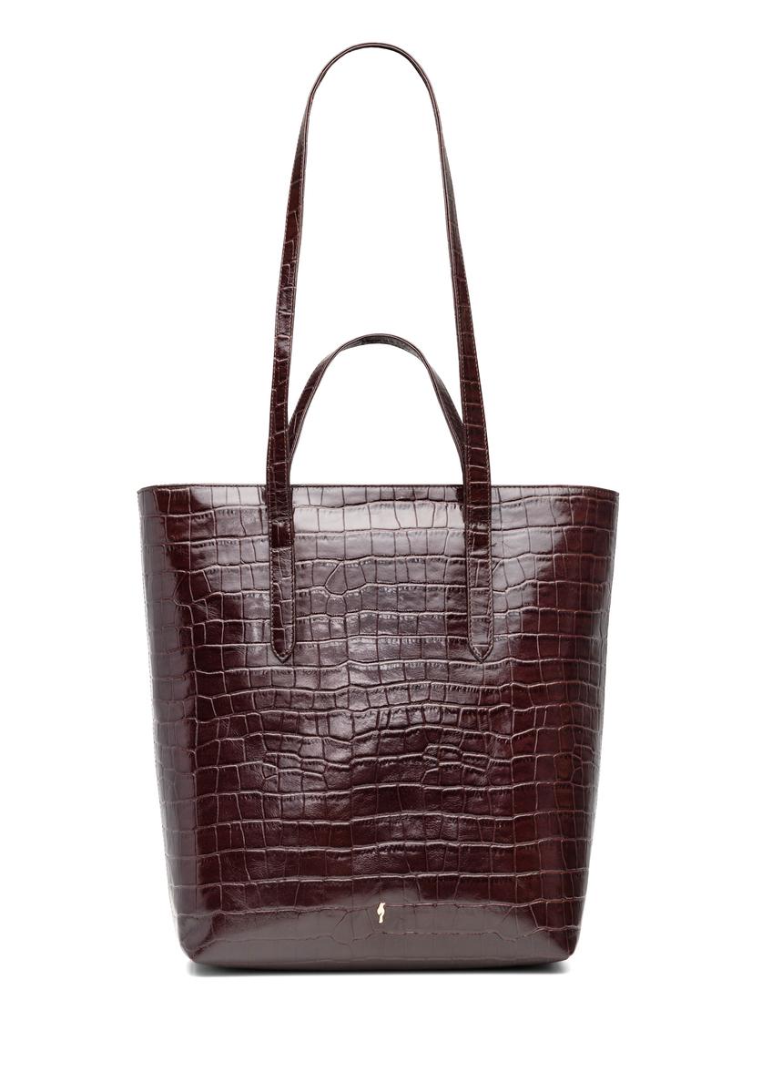 Large brown leather croco women's handbag TORES-1232-1H(W26), front product view on white background.