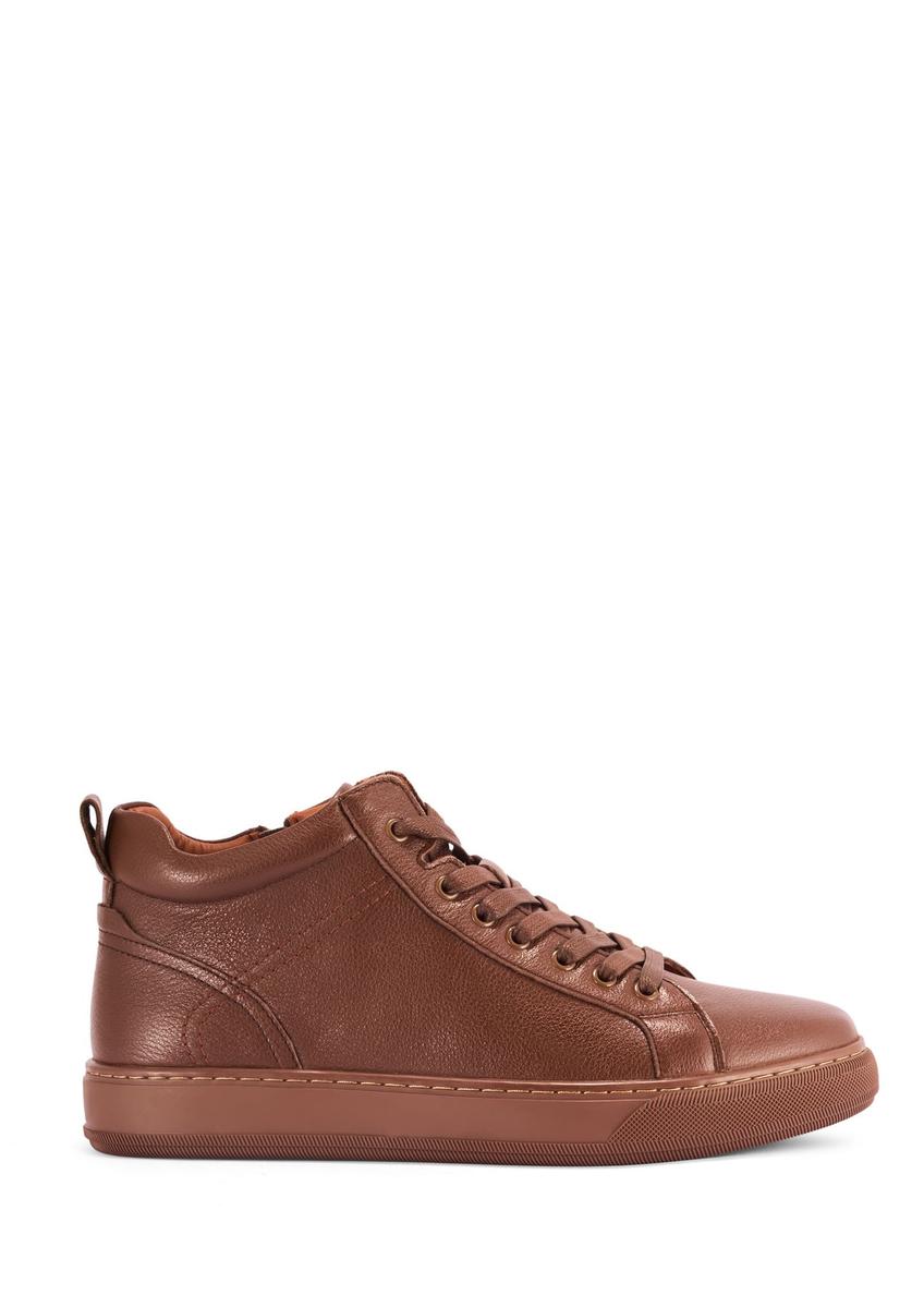 Brown men's leather sneakers BUTYM-0466-89(Z25) - side product view on white background.
