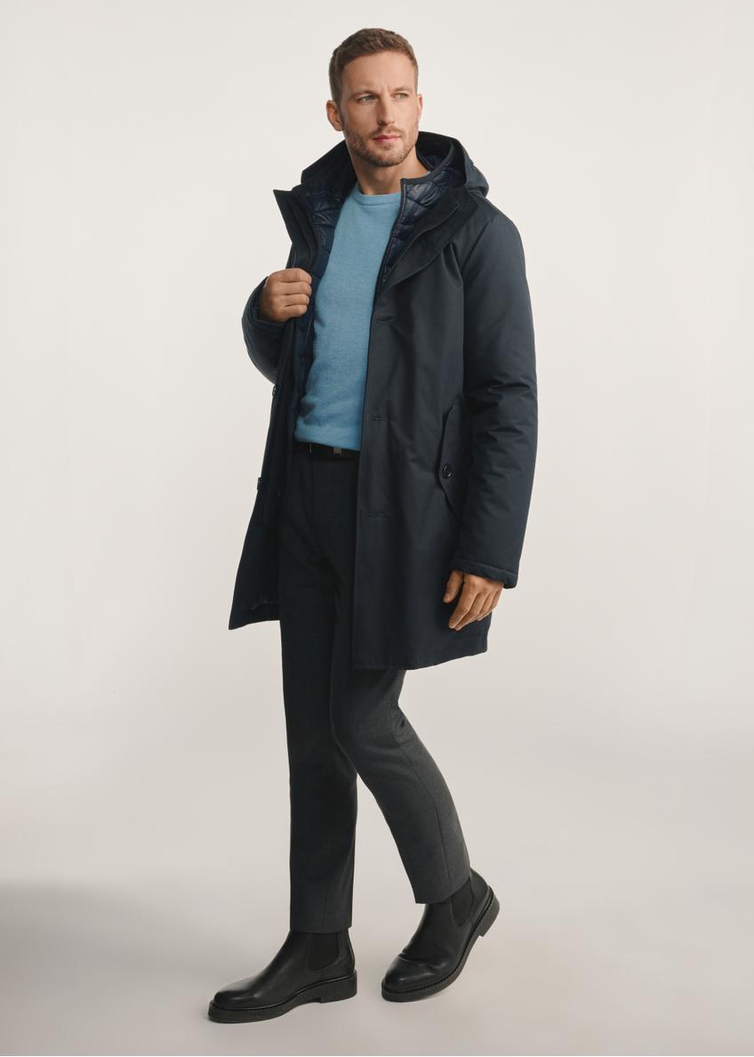 Navy blue men's winter jacket KURMT-0387-69(Z25), product visible from the side on the model, the entire silhouette is visible.