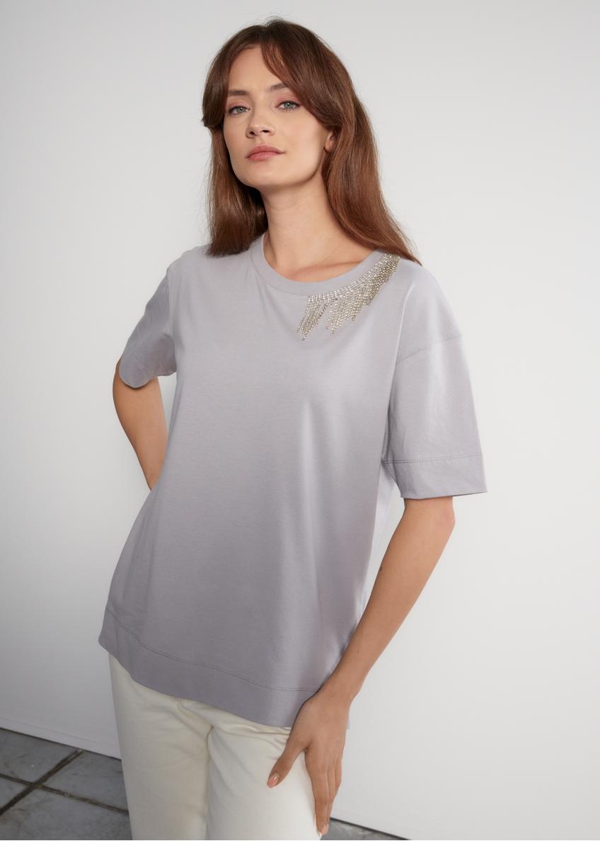 Gray women's blouse with zircons BLUDT-0163-91(W23)-01