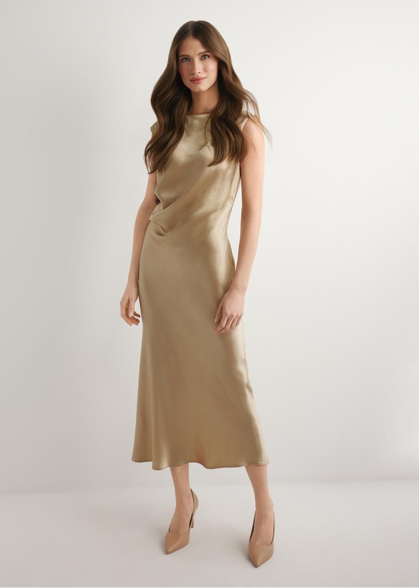 Long beige dress SUKDT-0266-1B(W26) - front view of the product, on a model, against a light background. The entire silhouette is visible.