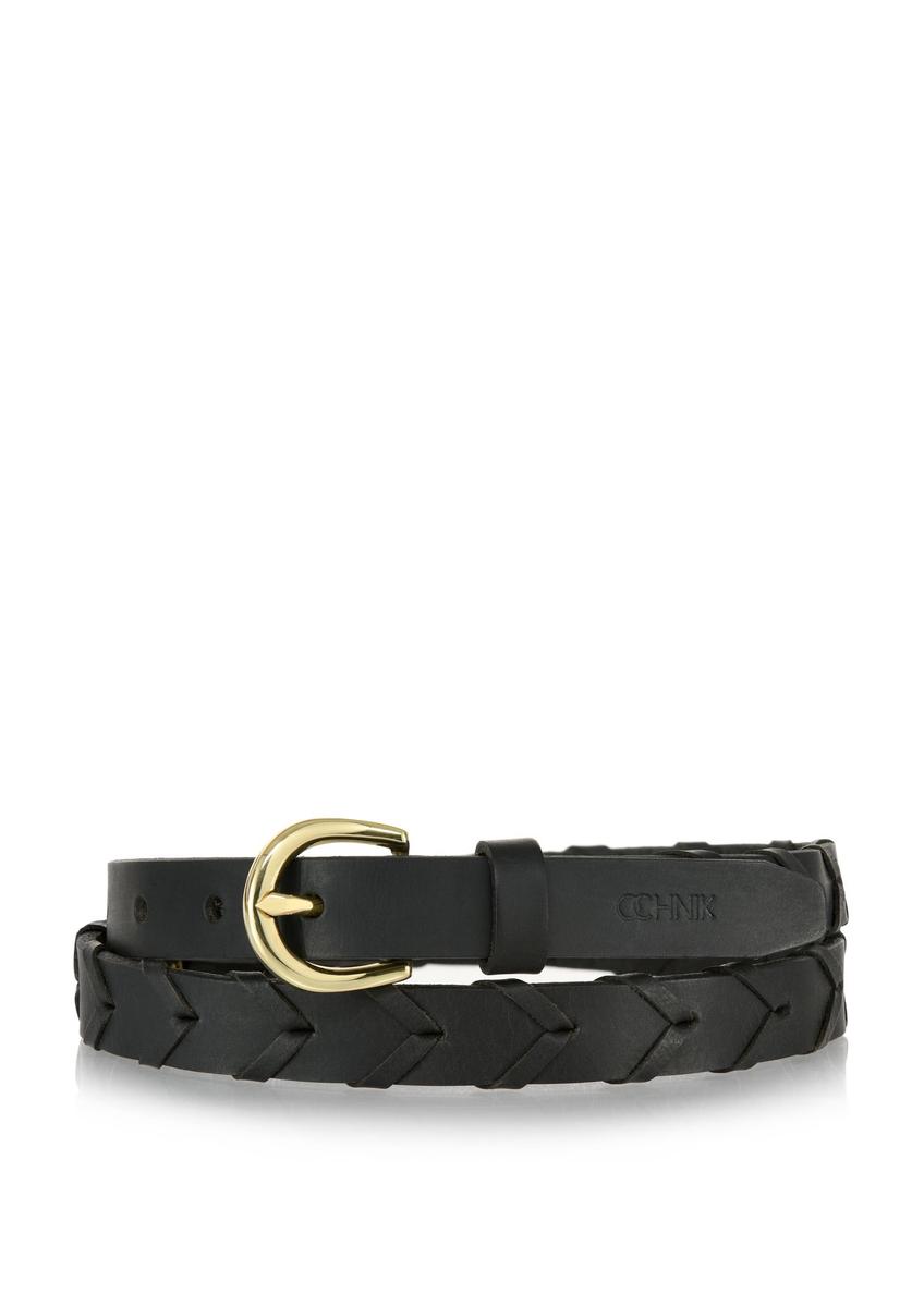 Women's black leather braided belt PASDS-0308-99(W24)-01