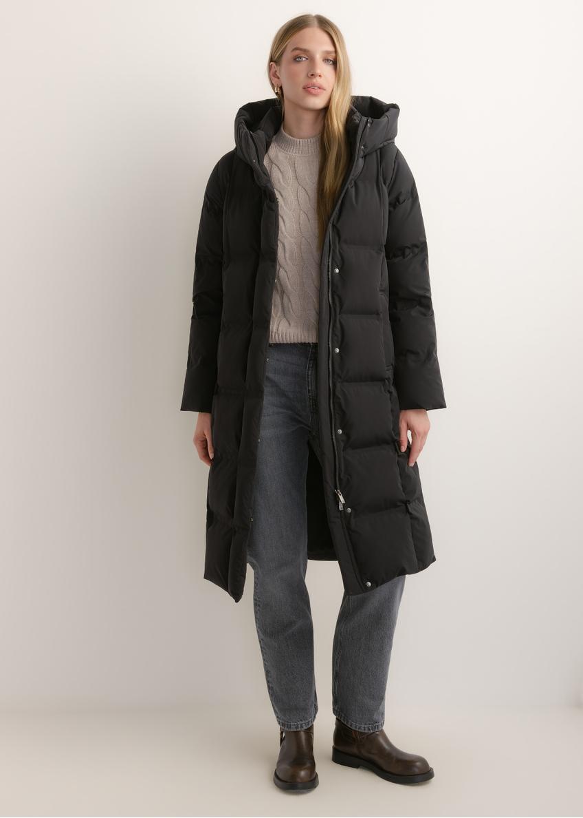 Black women's winter jacket KURDT-0699-99(Z26), front view of the product on a model. Full body visible.