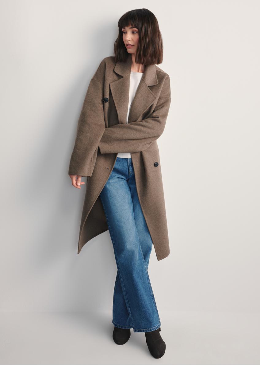 Women's dark beige coat with scarf PLADT-0063-82(Z25) - front view of the product on a model against a white background. Full body visible.