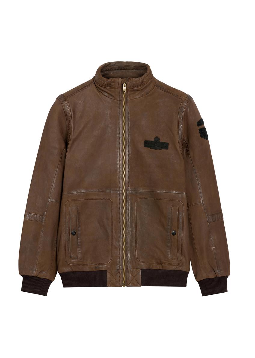 Men's brown leather jacket KURMS-0383-2876(Z25), product view from the front on a white background.