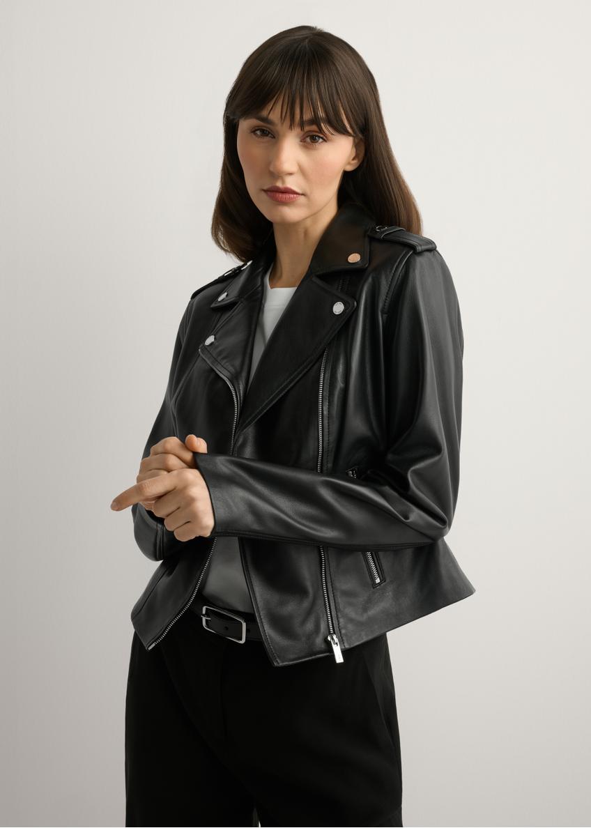 Women's black leather jacket KURDS-0601-99(W26), front view of the product on the model. Half of the silhouette visible.