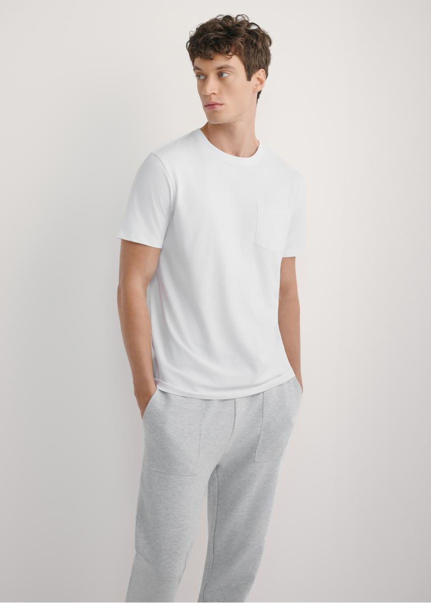 Men's white T-shirt TSHMT-0137-0A(W26) - front view of the product, on a model, against a light background. Knee-length silhouette visible.