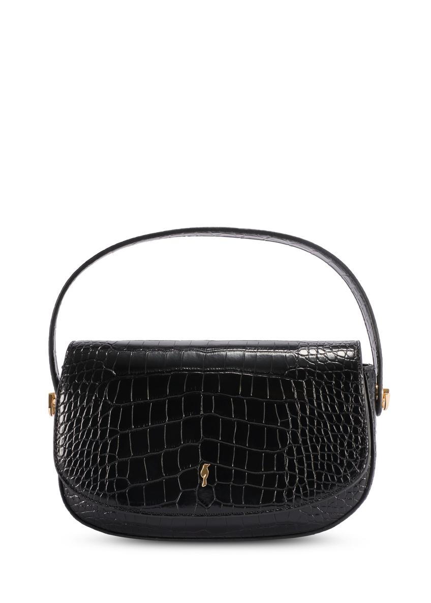 Small black women's croco messenger bag TOREC-1185-9G(W26), front product view on white background.