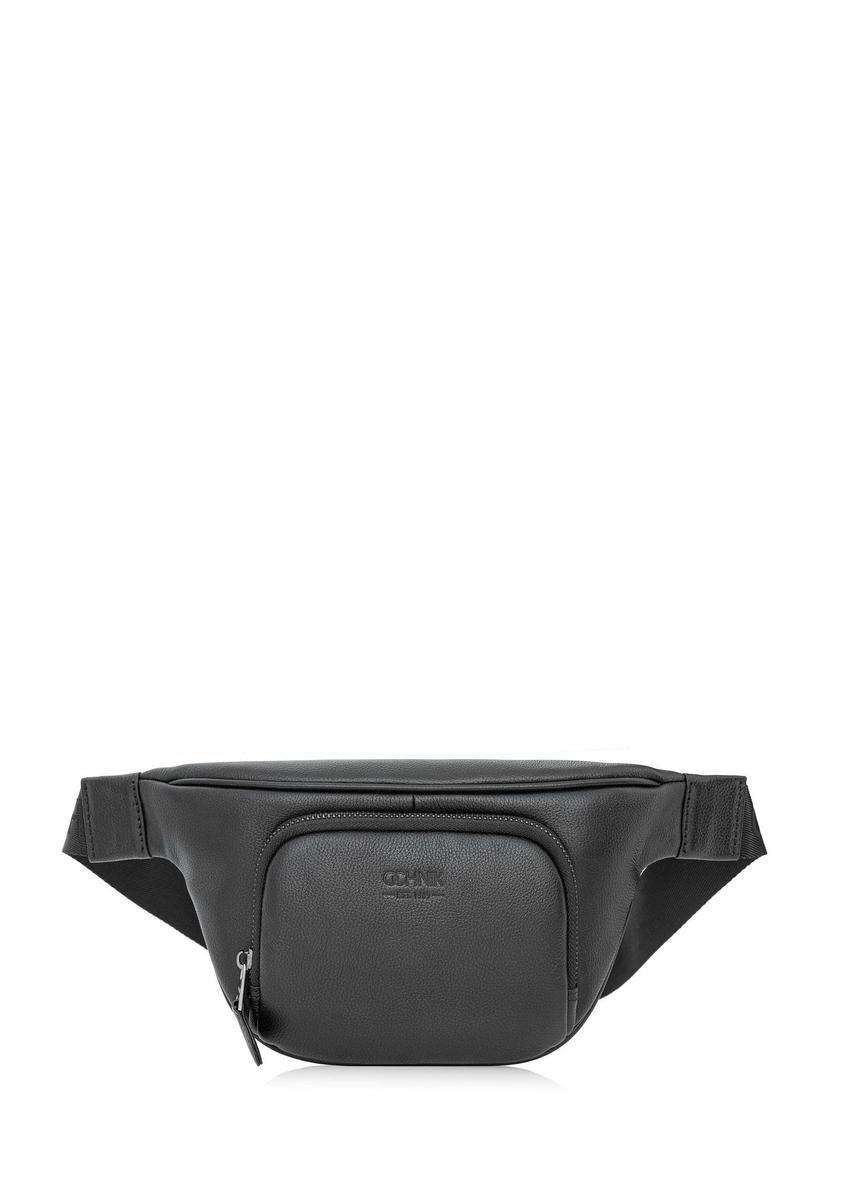 Men's black leather waist bag TORMS-0280R-9I(W26) - front product view, on white background.