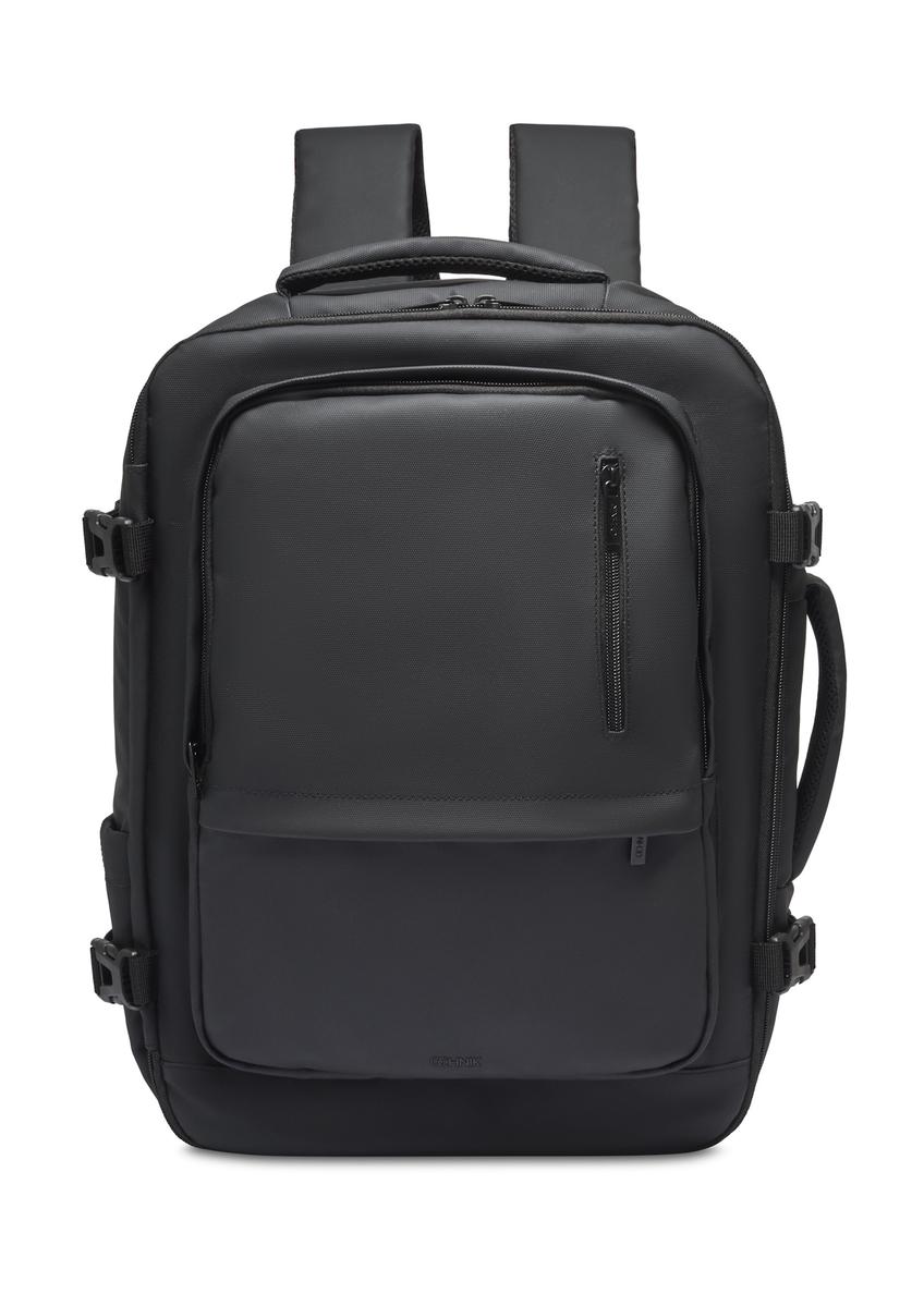 Black large travel backpack PLCMN-0018-99(Z26), front product view on white background.