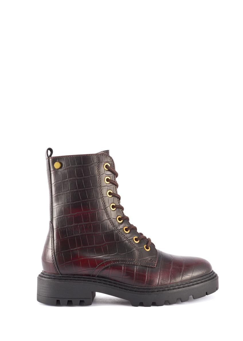 Burgundy women's croco ankle boots BUTYD-1192-4E(Z26), side product view on white background.