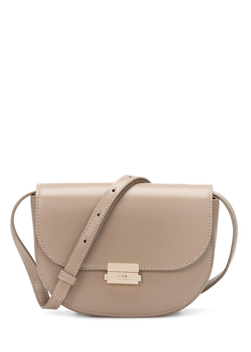 Camel semi-circular women's messenger bag TOREC-1127-1D(W26), front product view on white background.