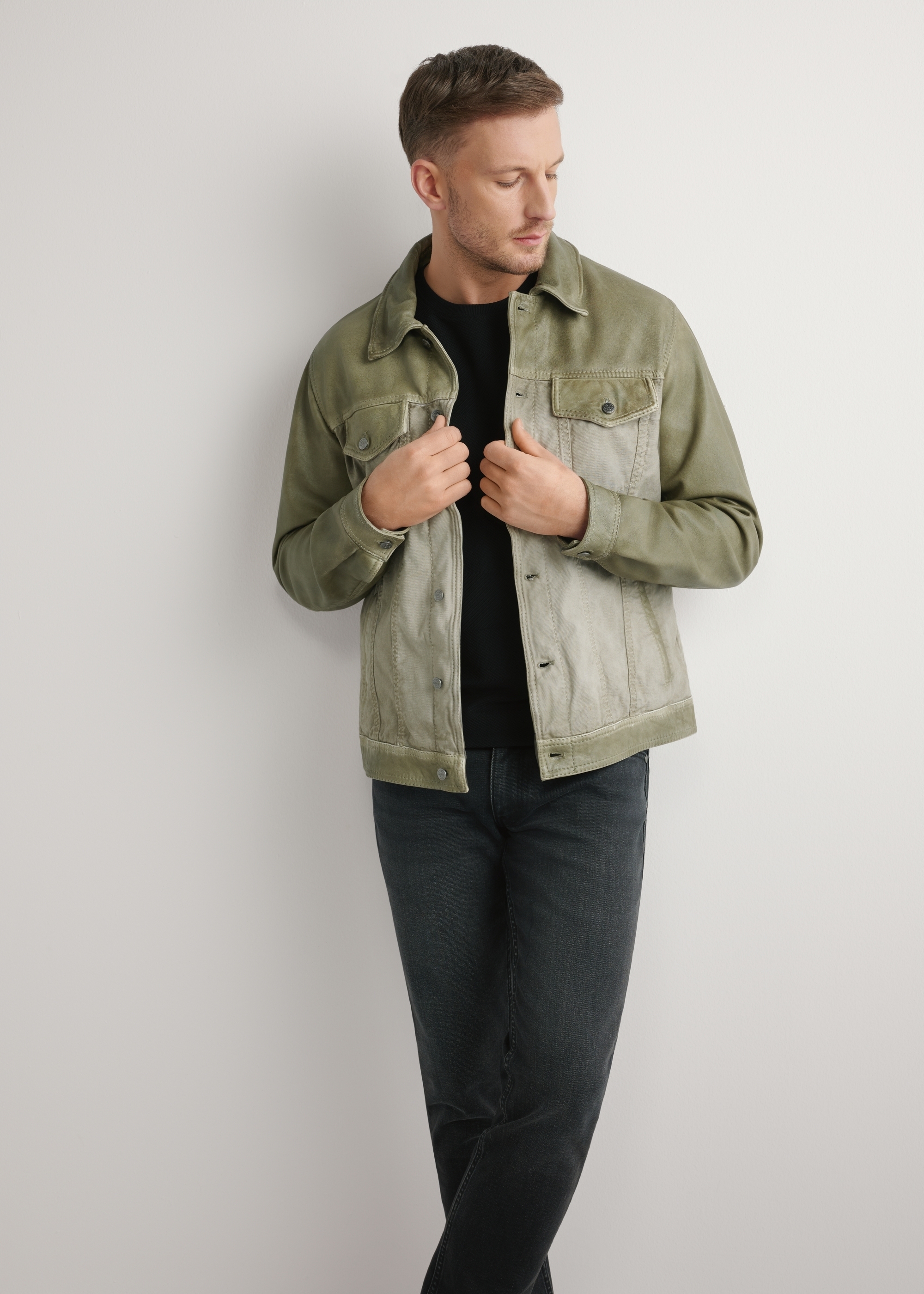 Men's olive leather jacket KURMS-0404-8F(W26)