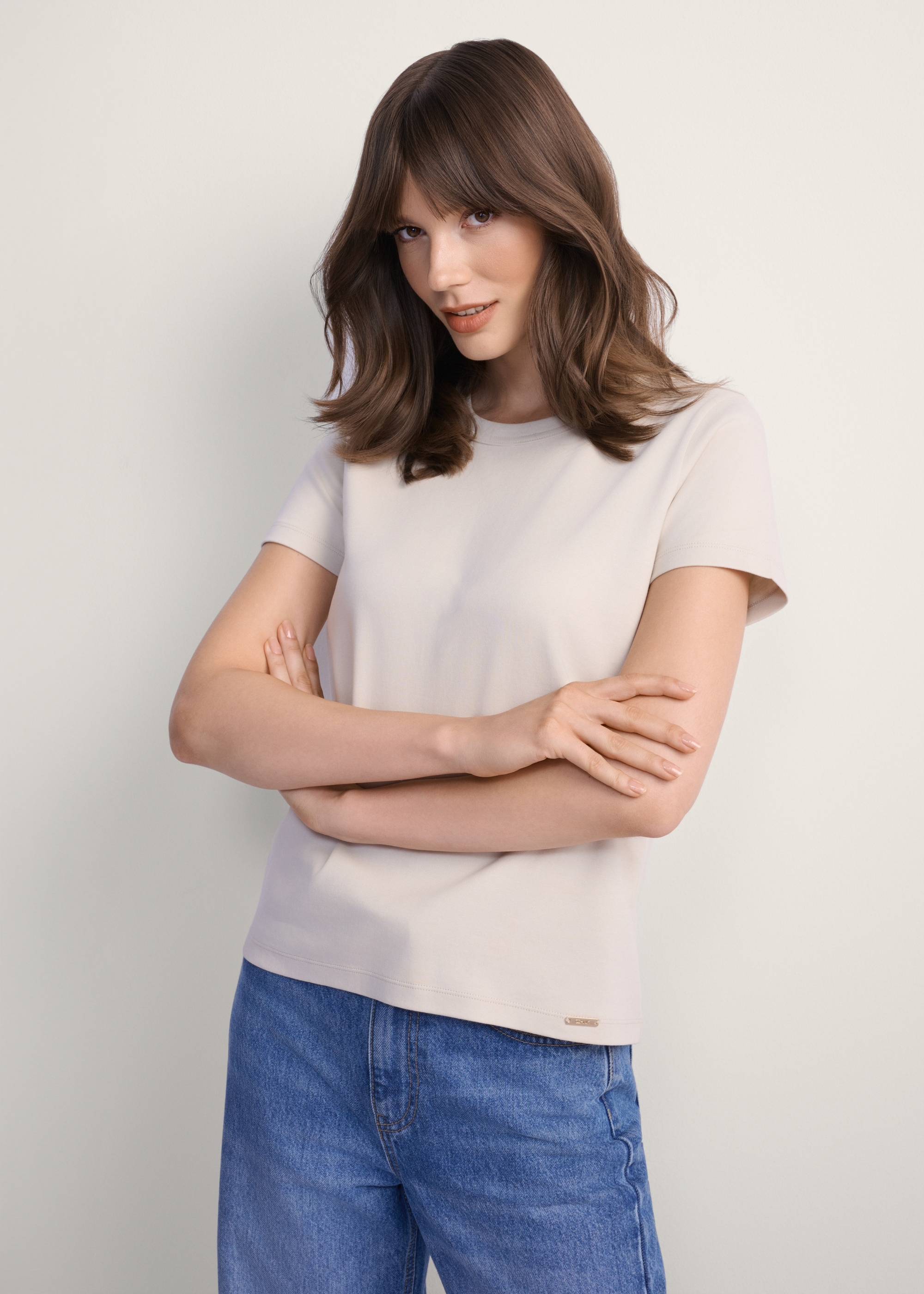 Beige cotton women's T-shirt TSHDT-0144-80(Z25)