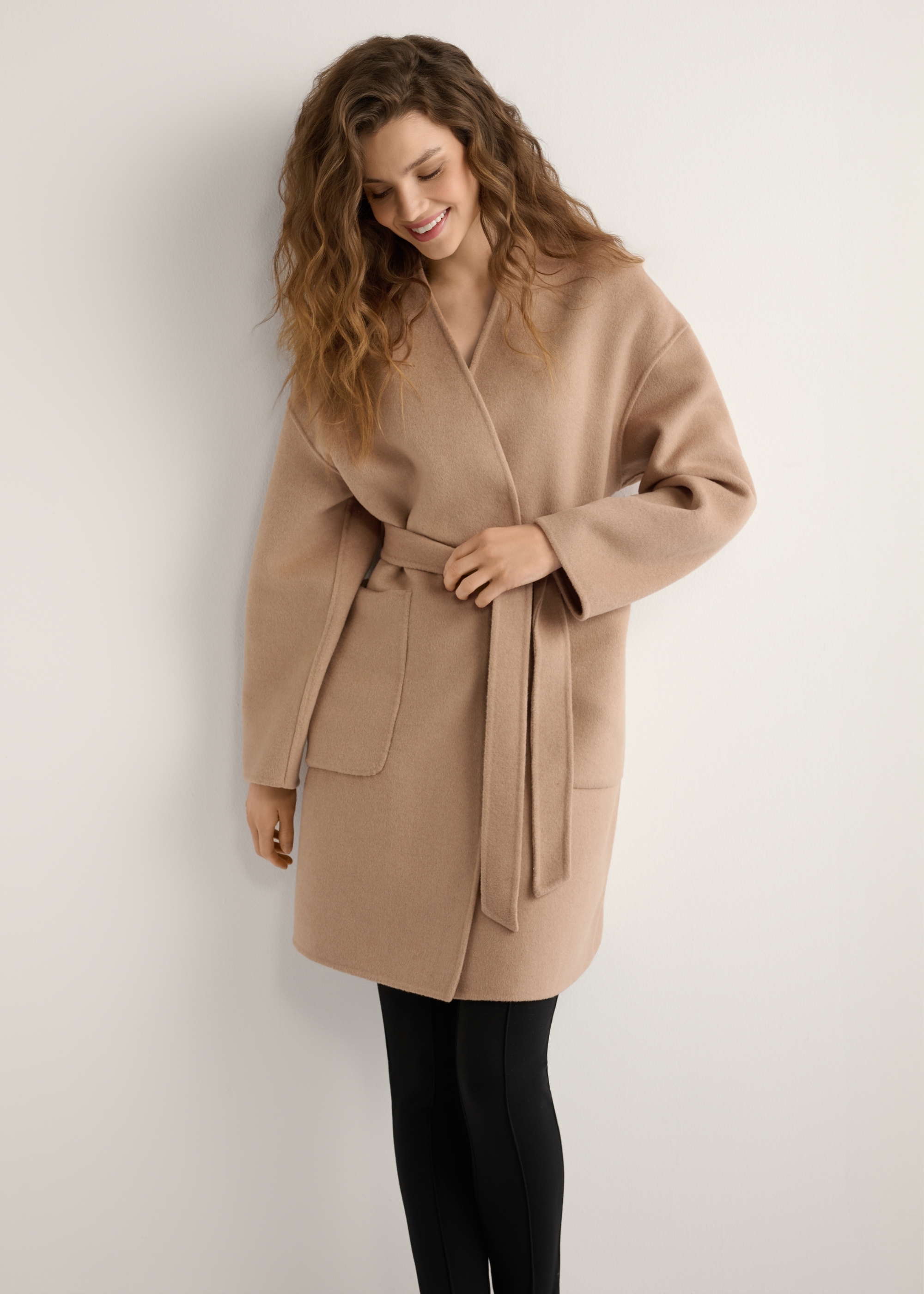 Dark beige women's wool coat PLADT-0075-1C(W26)