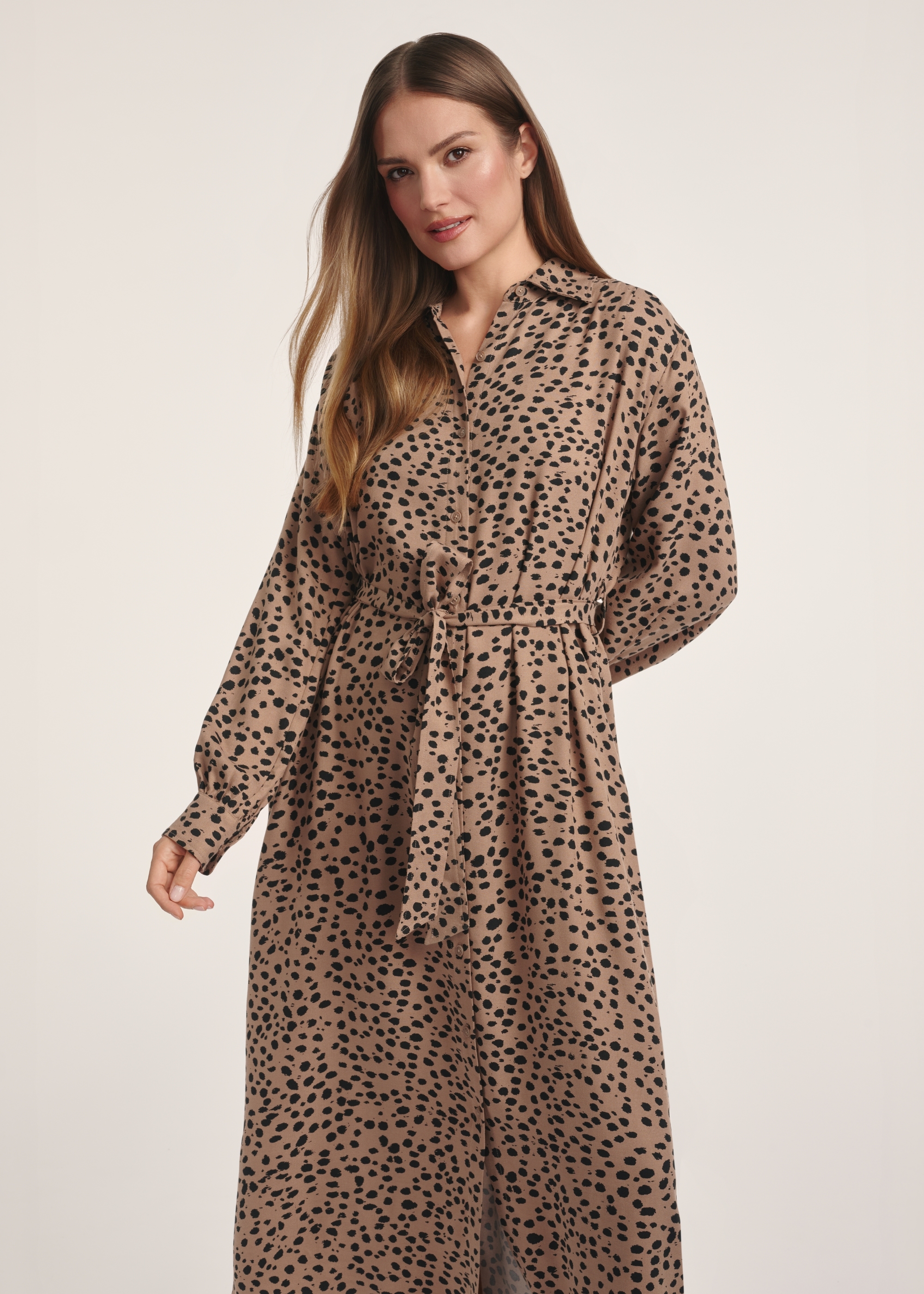 Dark beige long women's dress with spots SUKDT-0247-24(Z25)