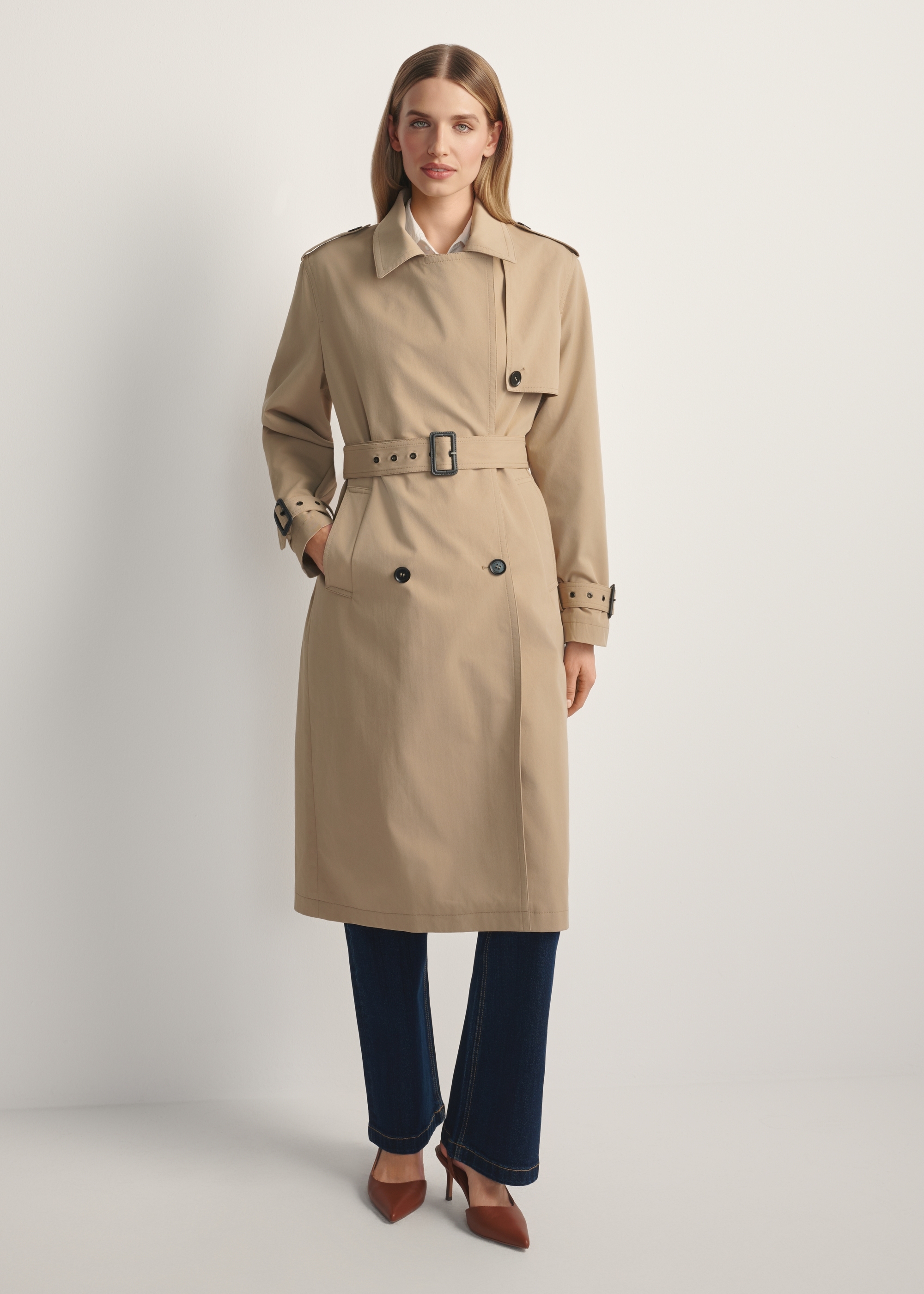 Long beige women's coat KURDT-0512-1C(W26)