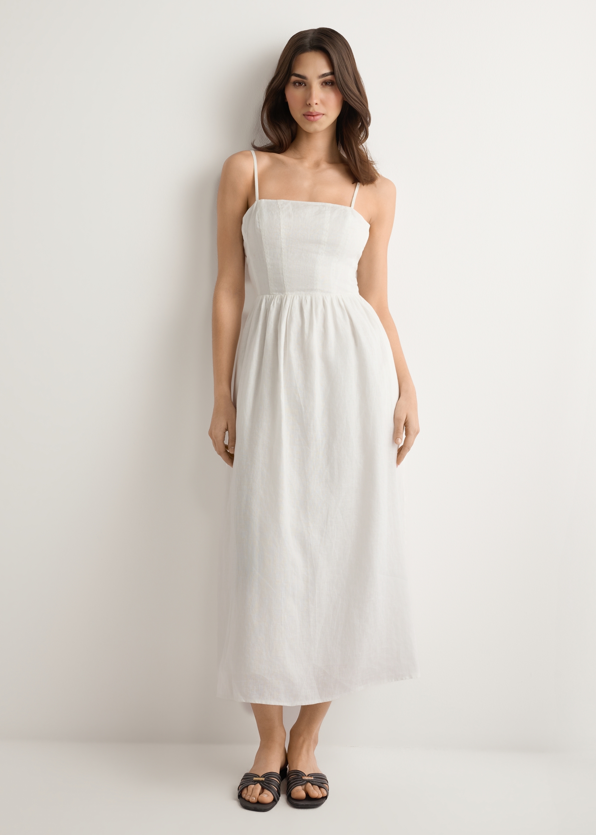 Linen white midi dress with straps SUKDT-0279-0B(W26)