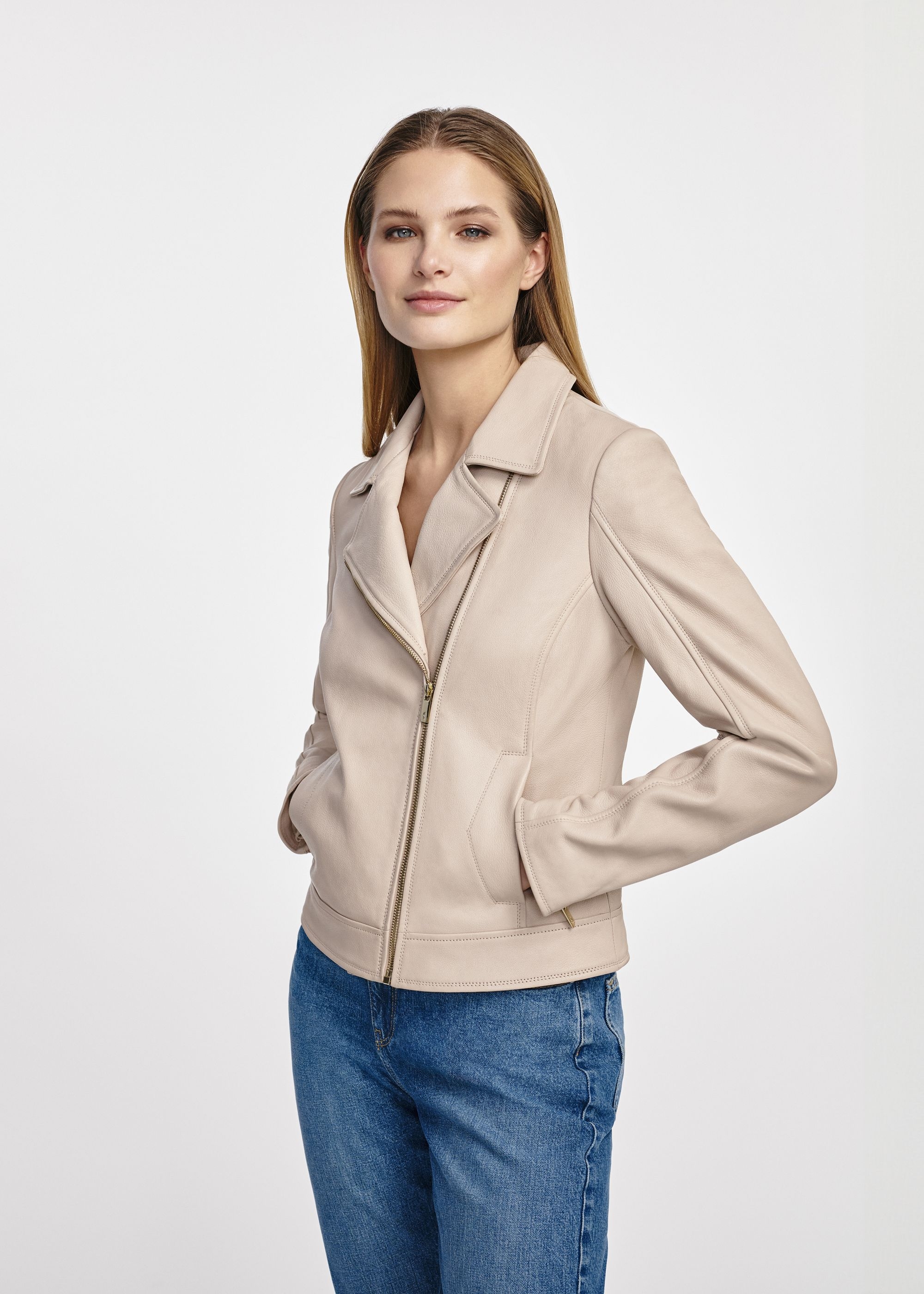 Beige leather biker jacket for women KURDS-0539-2850(W25)