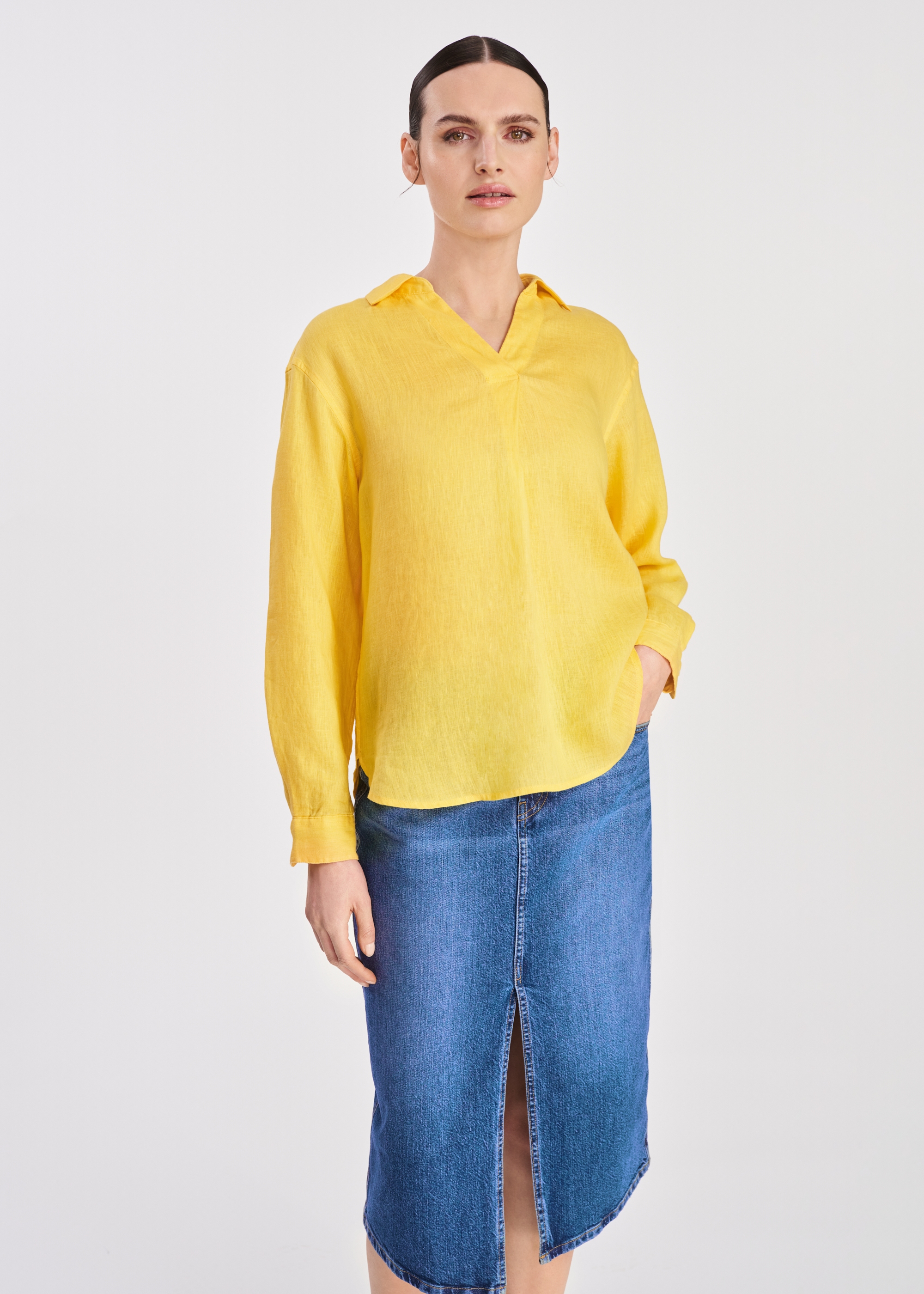 Yellow linen women's blouse BLUDT-0187-21(W25)