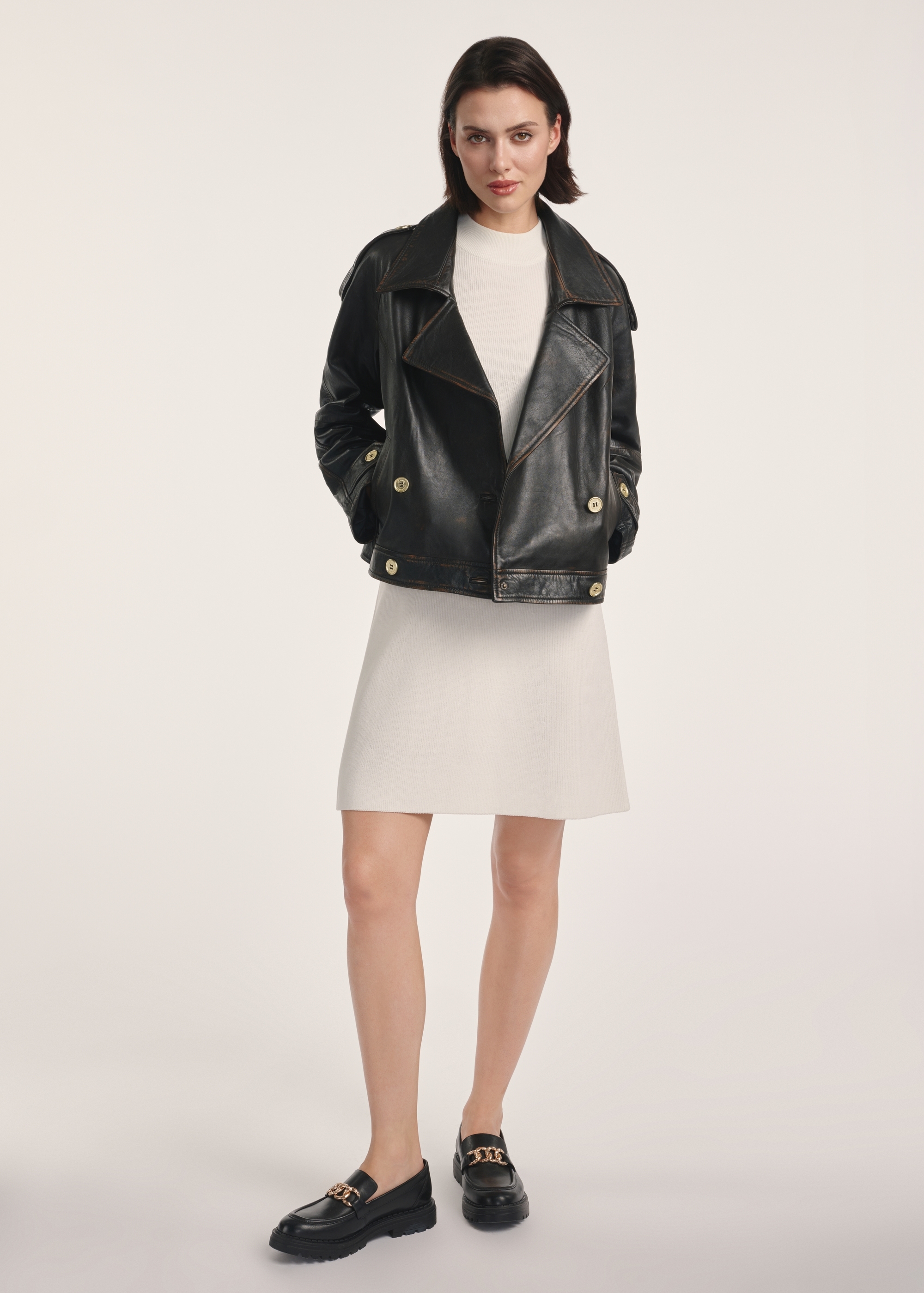 Brown oversized women's leather jacket KURDS-0553-2737(Z25)