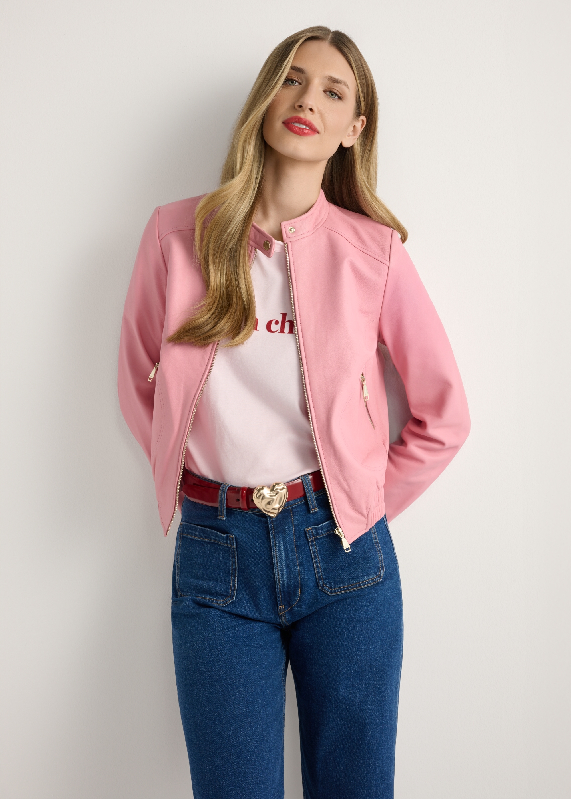 Pink women's leather jacket KURDS-0575-5B(W26)