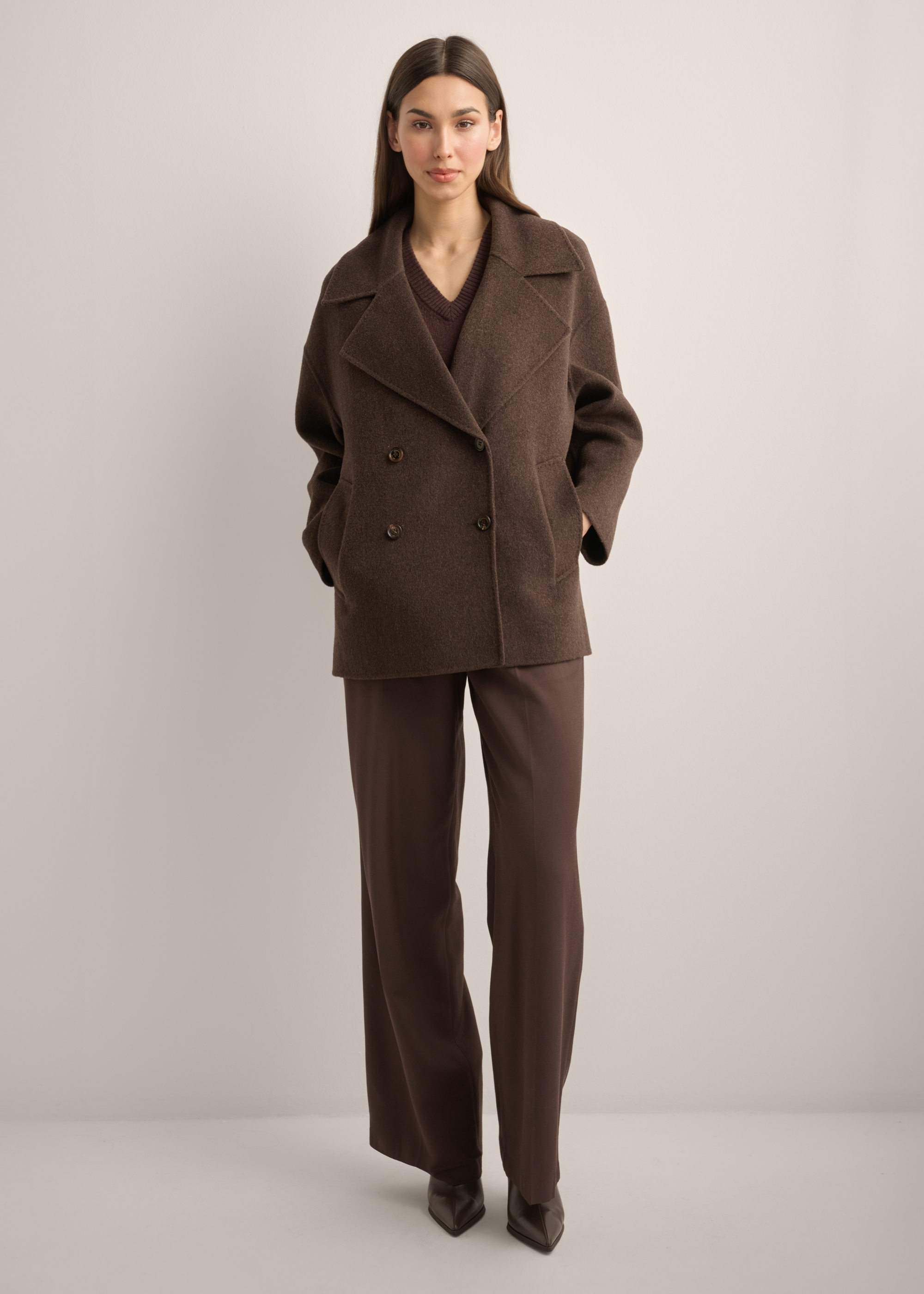 Short dark brown women's coat with wool PLADT-0081-1I(Z26)