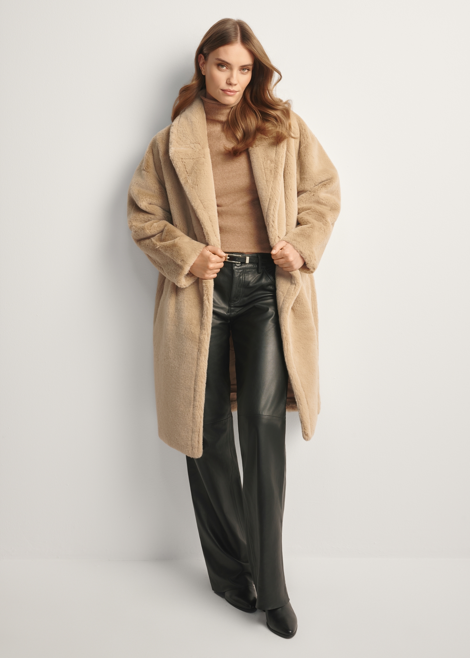 Long beige women's fur coat FUTDP-0064-81(Z25)