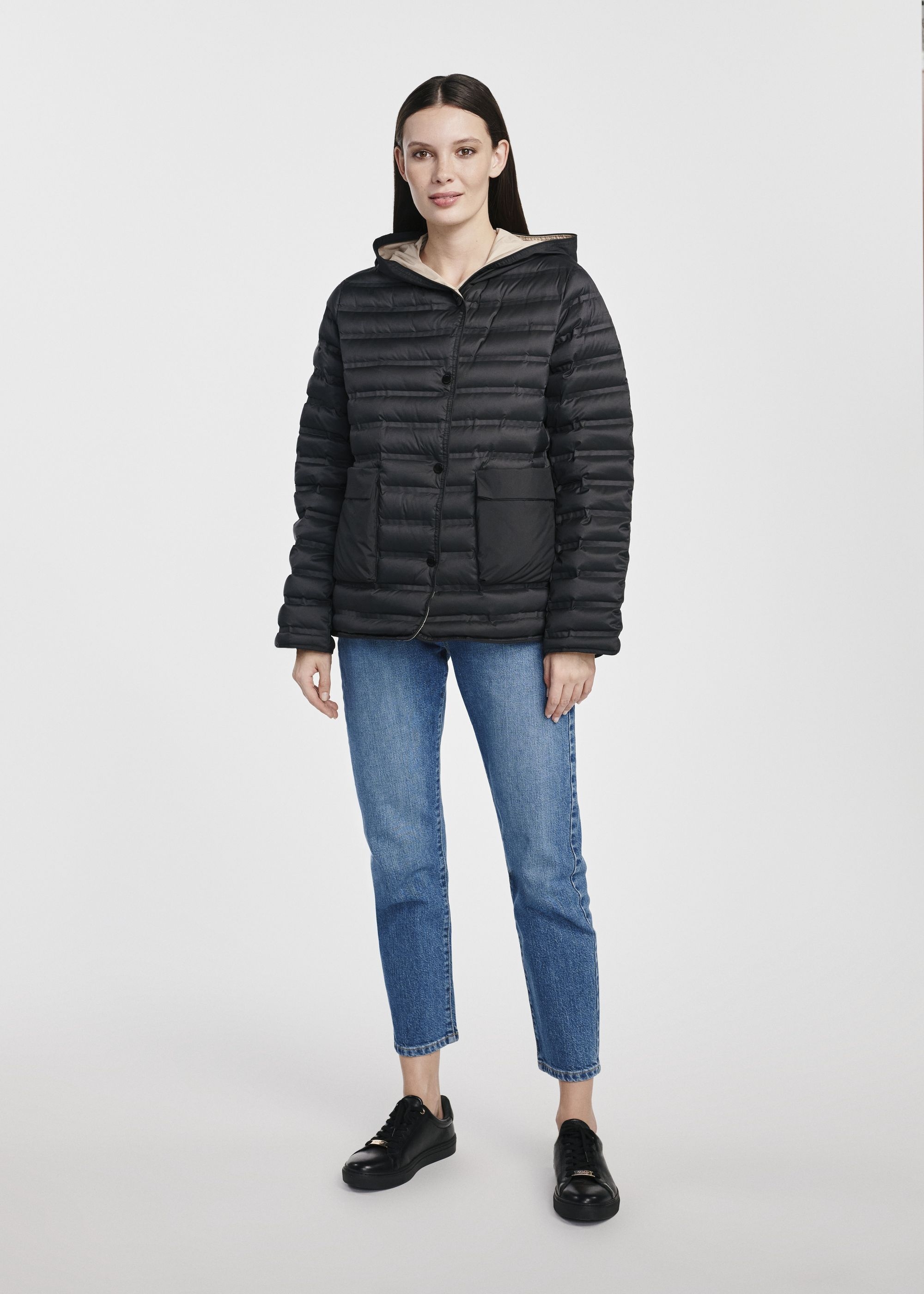 Black women's quilted jacket with natural down KURDT-0574-99(W25)