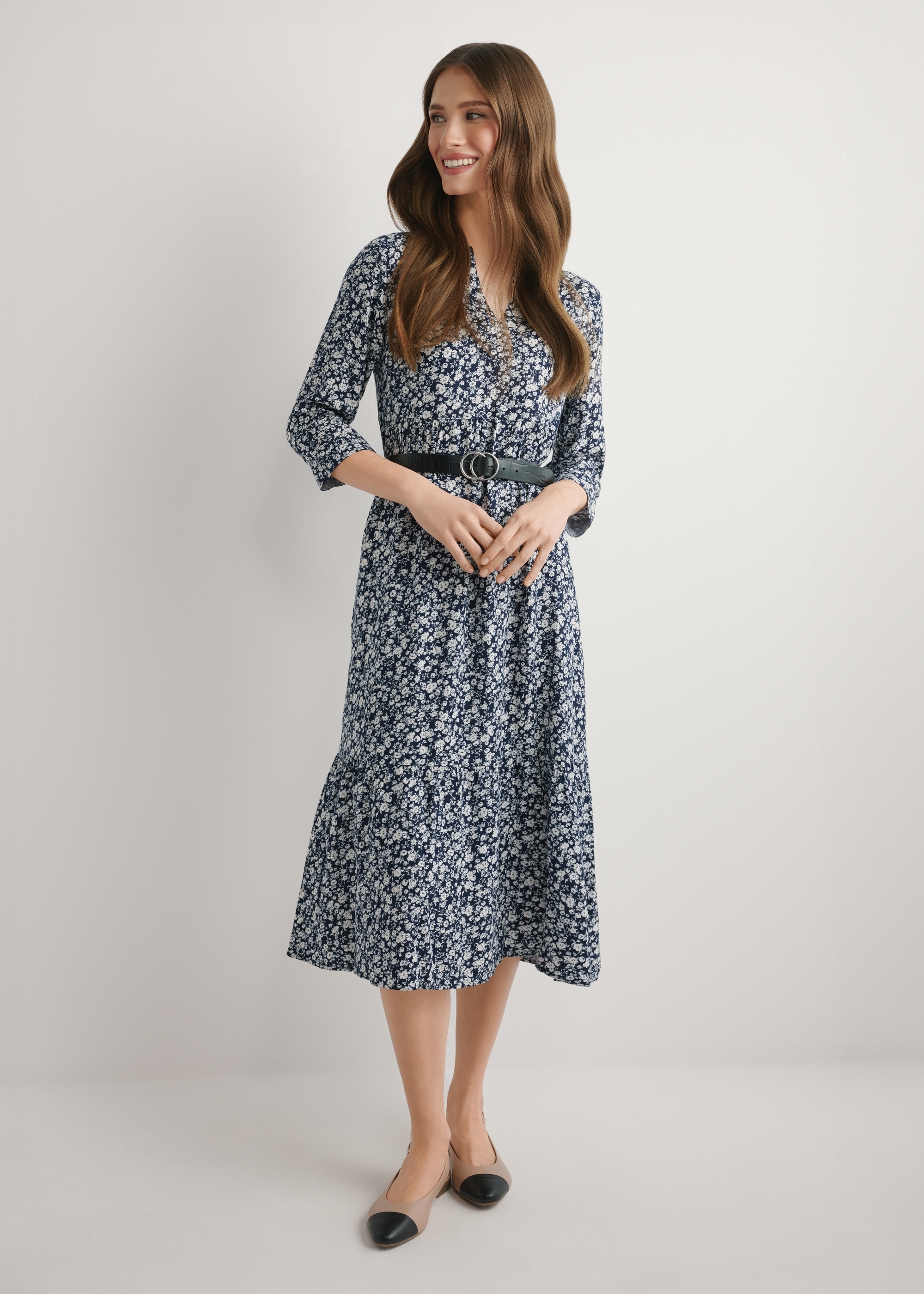 Navy blue floral viscose dress SUKDT-0268-7P(W26)