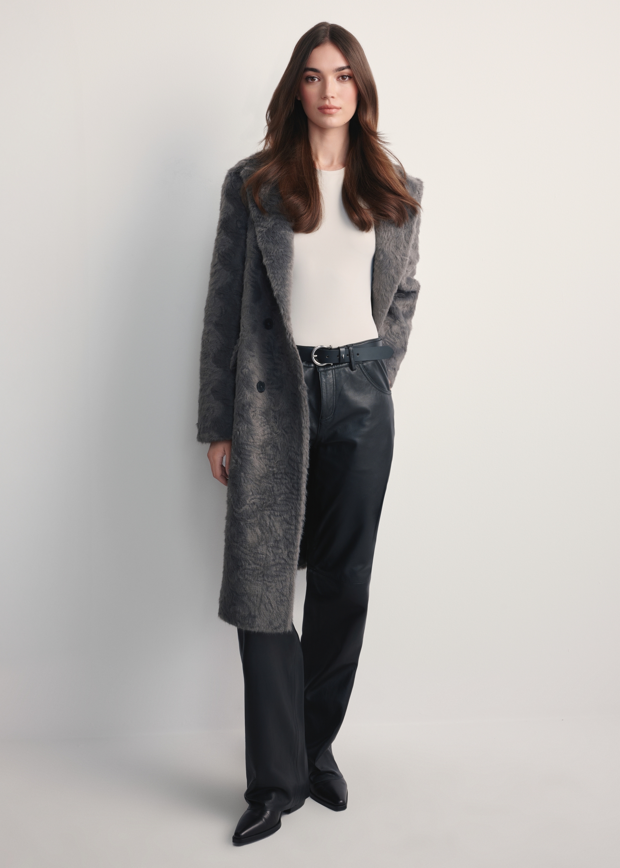 Gray long women's fur coat FUTDP-0066-96(Z25)