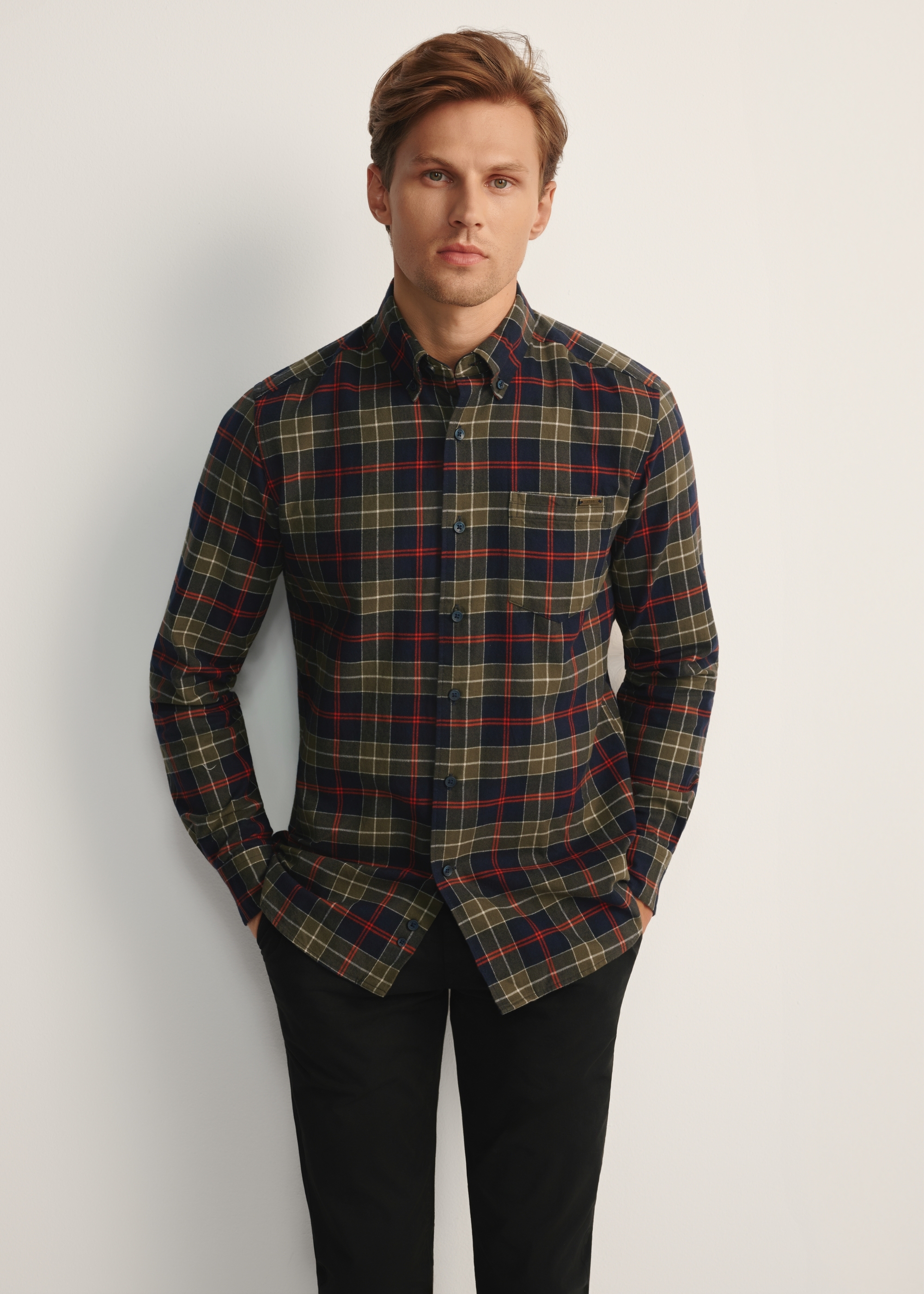 Men's khaki checkered shirt KOSMT-0344-55(Z25)