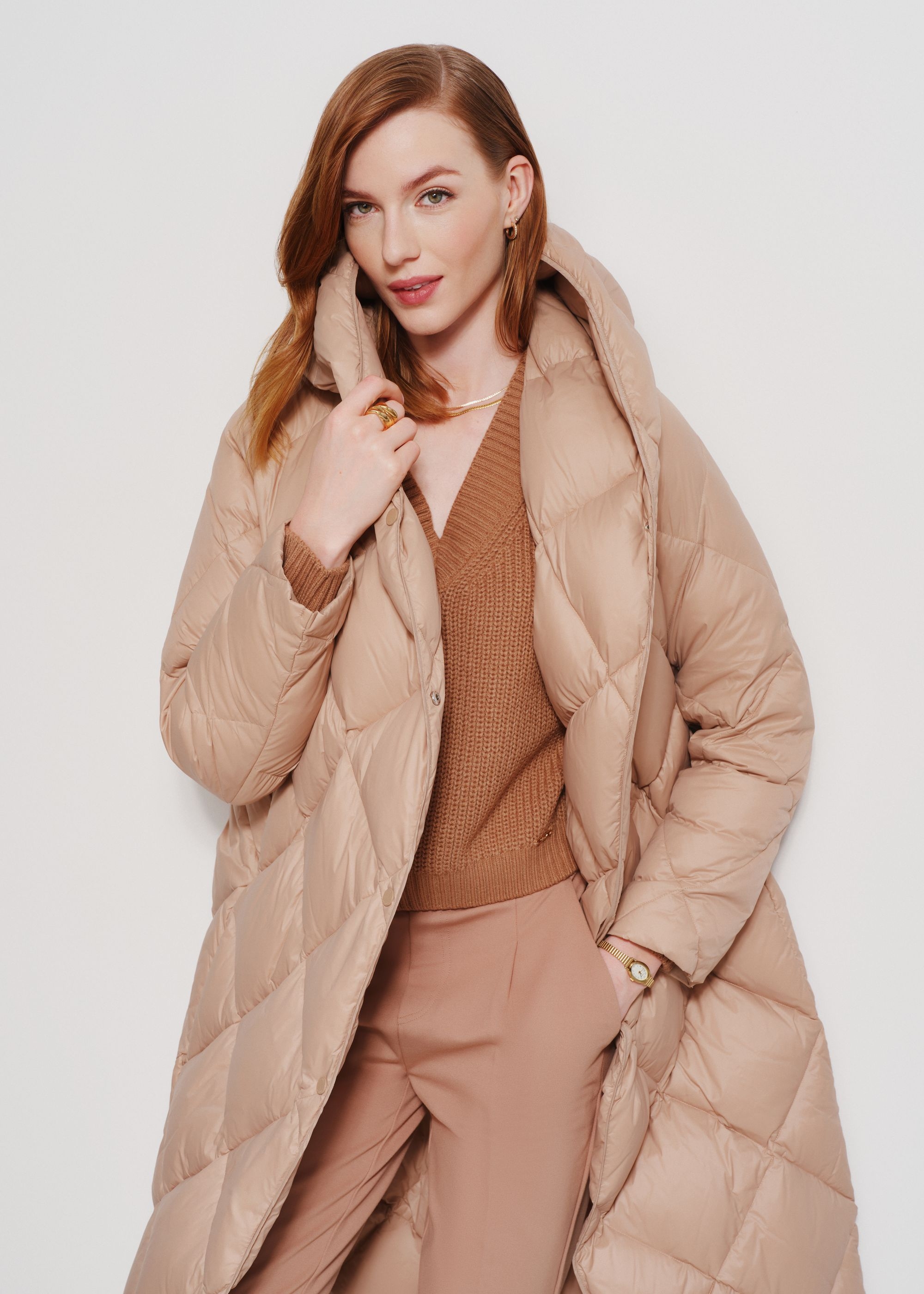 Beige quilted women's long jacket KURDT-0527-81(Z24)